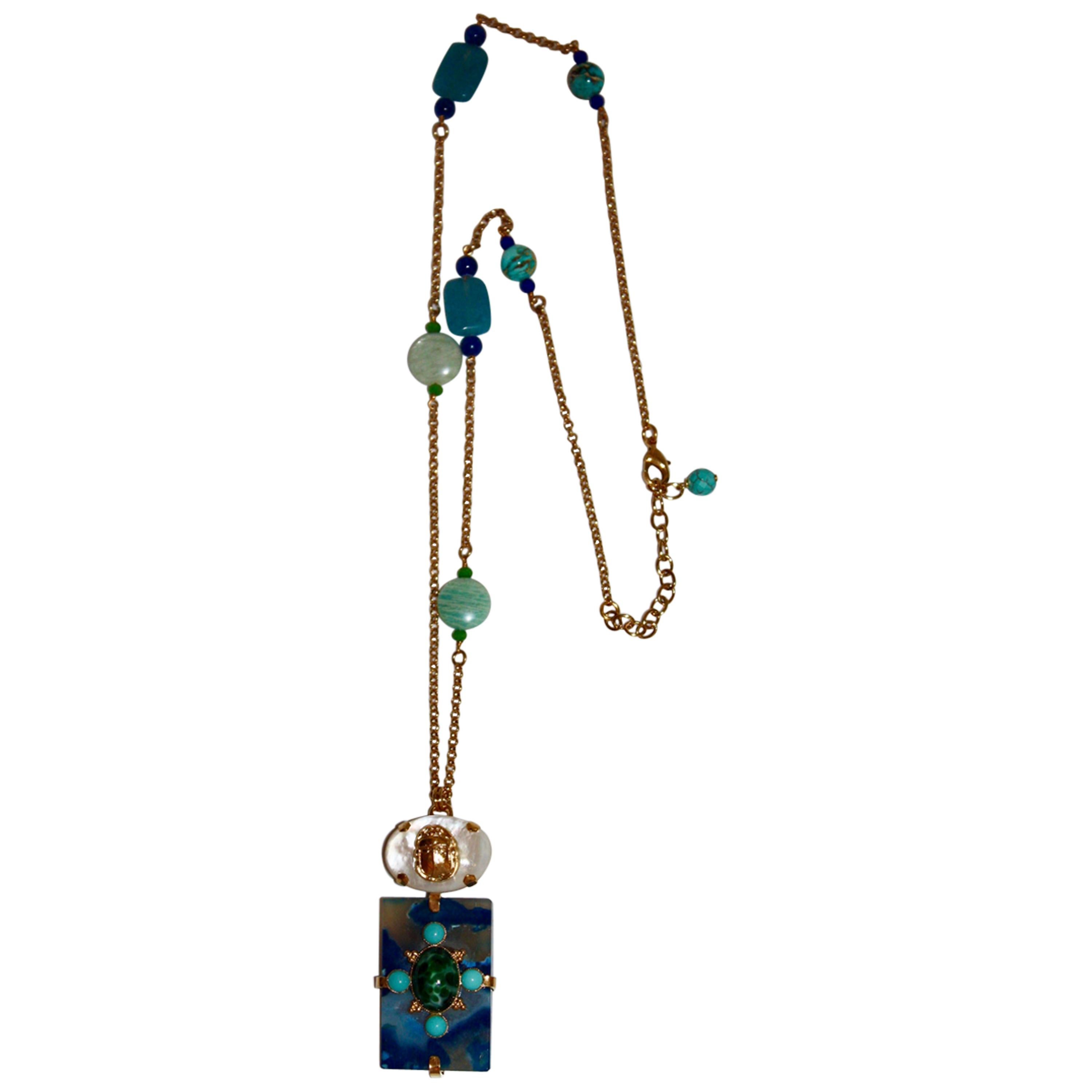 Philippe Ferrandis Turquoise, Lapis, and Mother of Pearl Long Chain Necklace