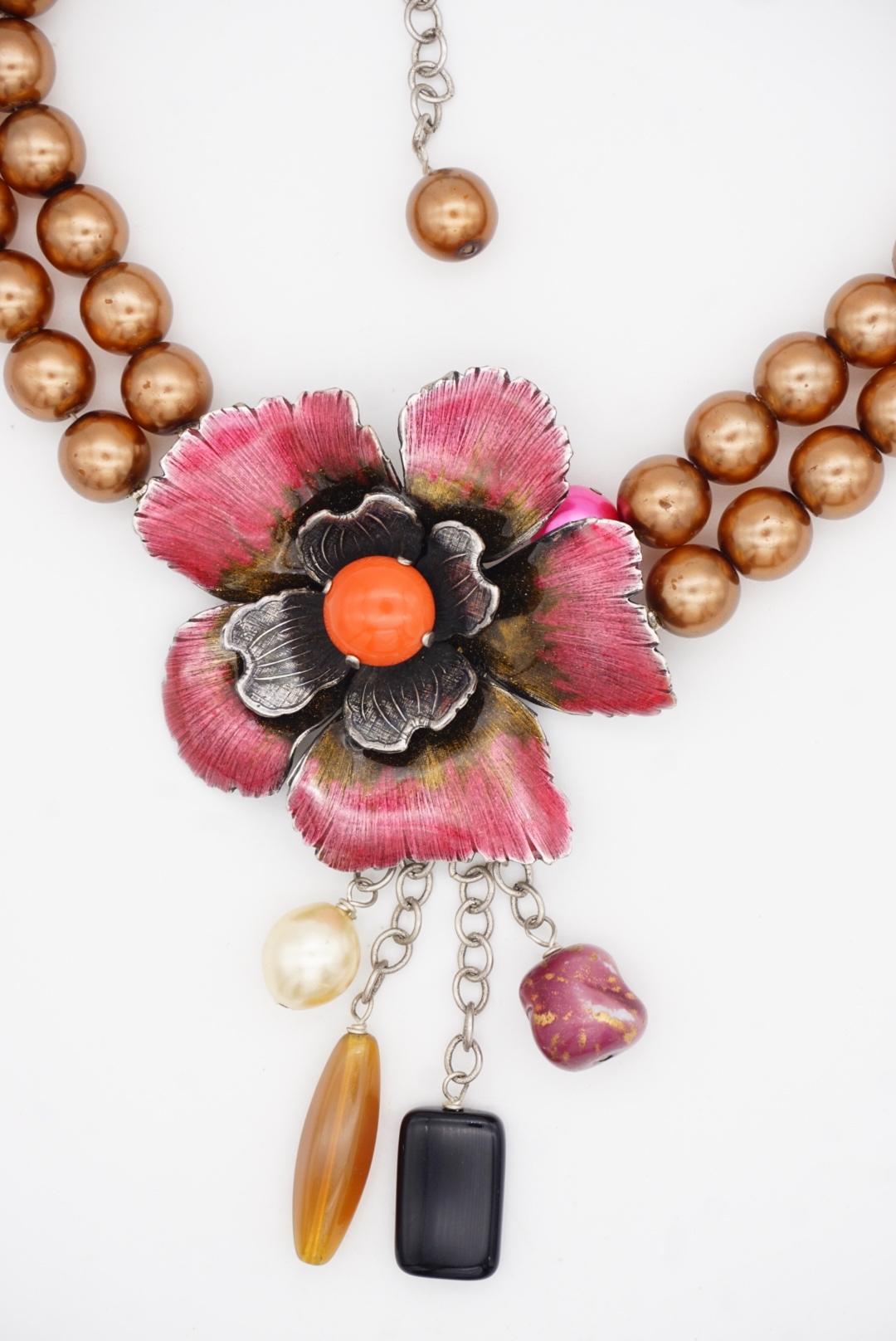 Philippe Ferrandis Vintage Large Camellia Flower Layer Red Pearls Drop Necklace For Sale 5