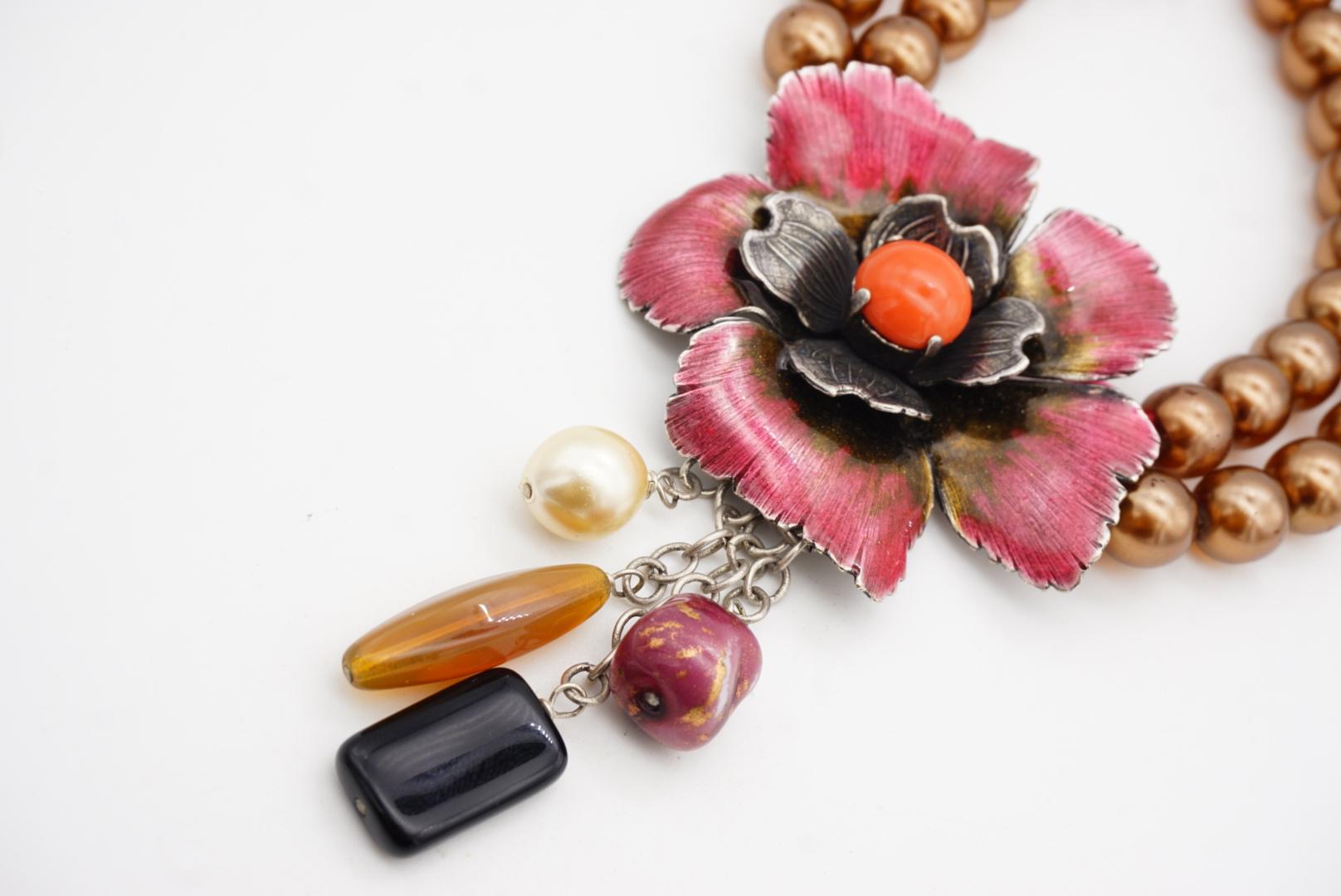 Philippe Ferrandis Vintage Large Camellia Flower Layer Red Pearls Drop Necklace For Sale 6