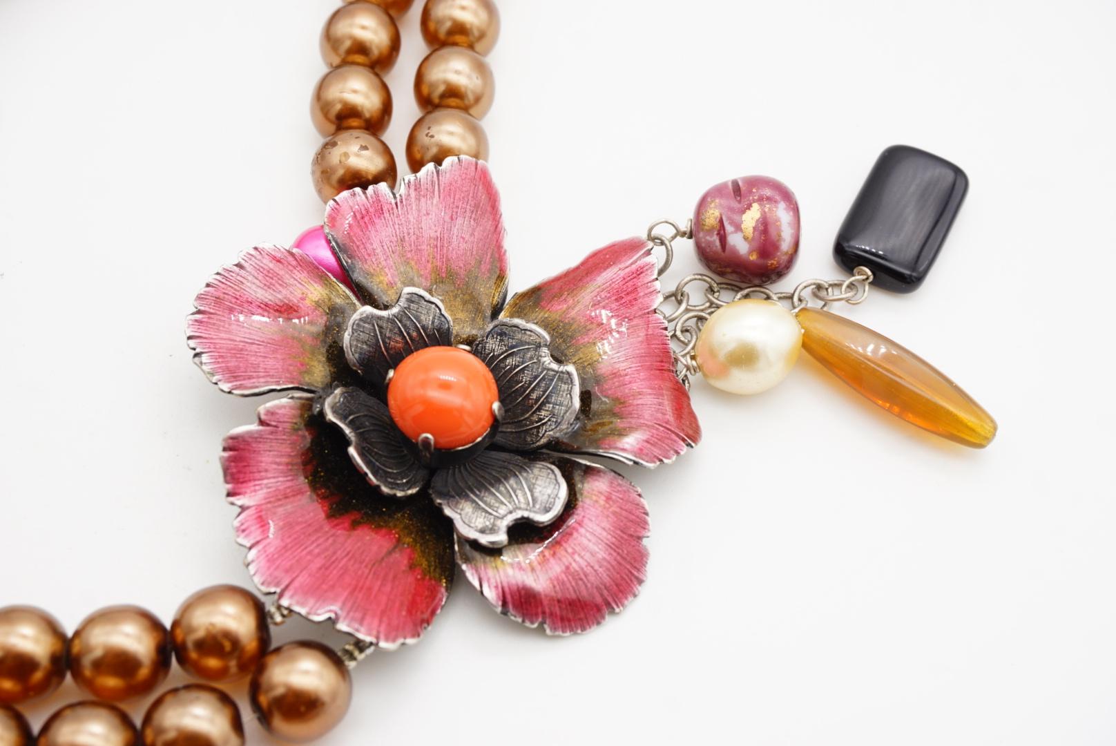 Philippe Ferrandis Vintage Large Camellia Flower Layer Red Pearls Drop Necklace For Sale 7