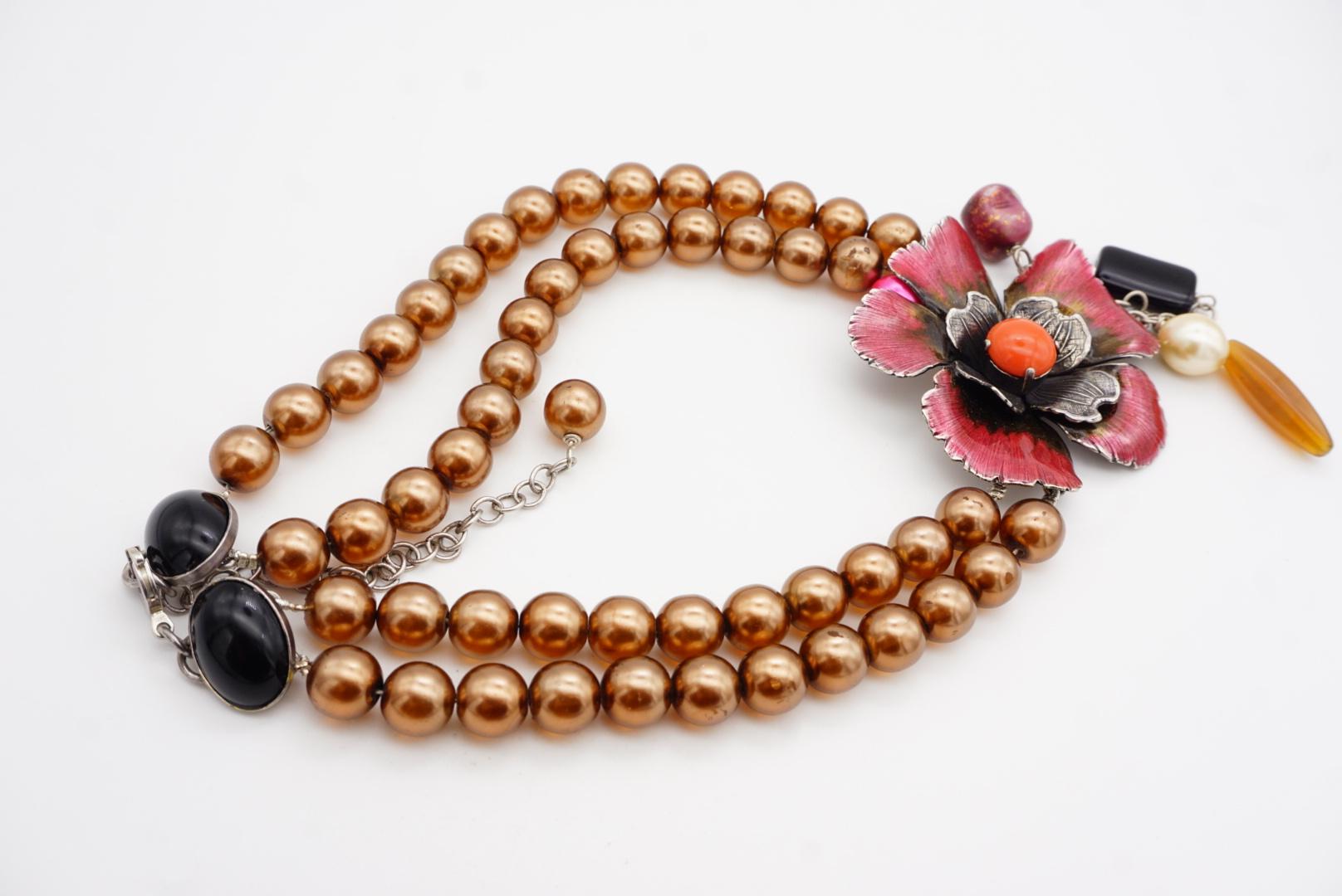 Philippe Ferrandis Vintage Large Camellia Flower Layer Red Pearls Drop Necklace For Sale 9