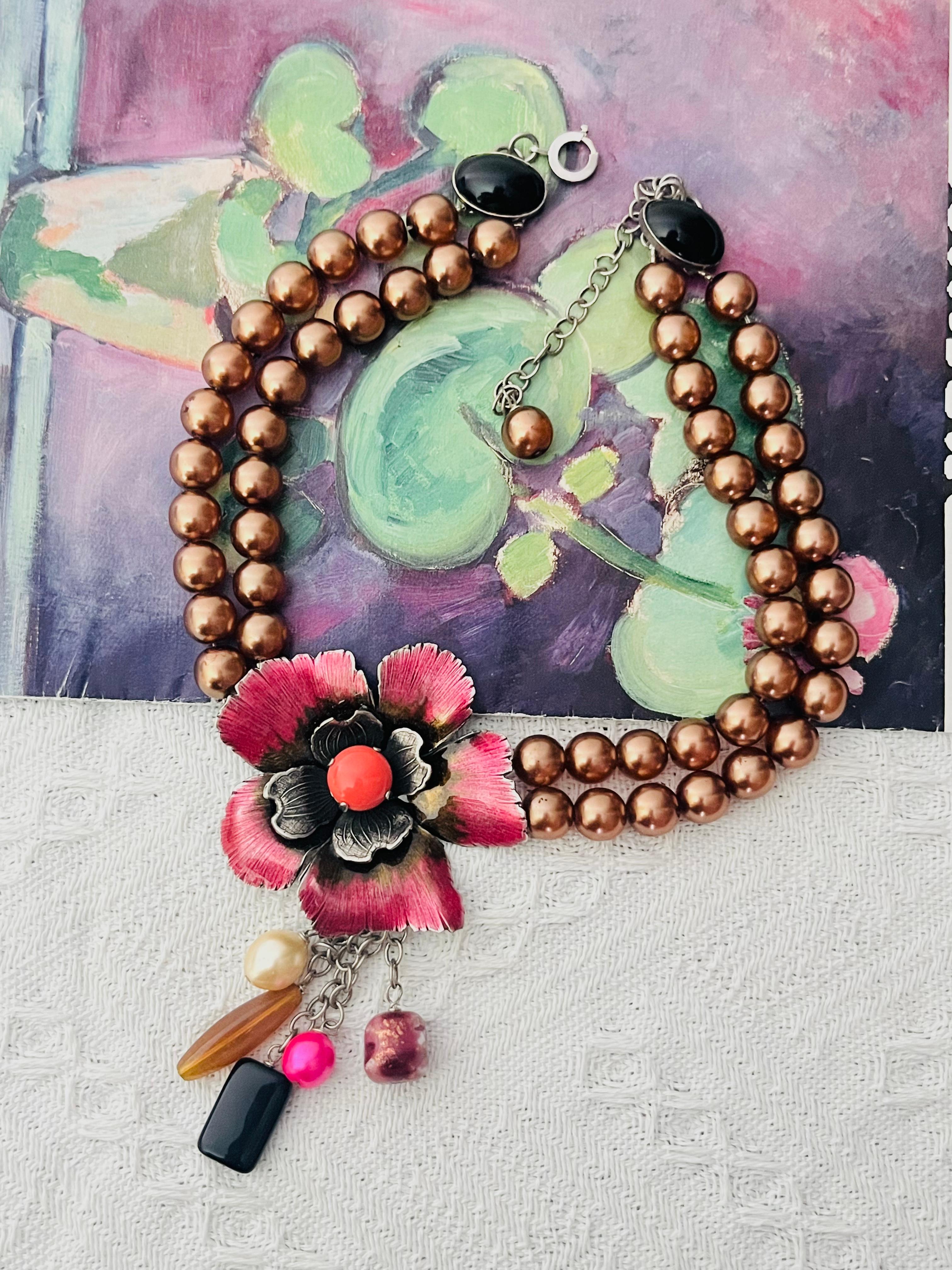 Philippe Ferrandis Vintage 1980s Large Flourish Blossom Camellia Flower Floral Double Layers Red Pearls 5 Charm Drop Pendant Chunky Statement Necklace, Gold Plated

Very good condition. Light scratches or colour loss, light peel off at some faux