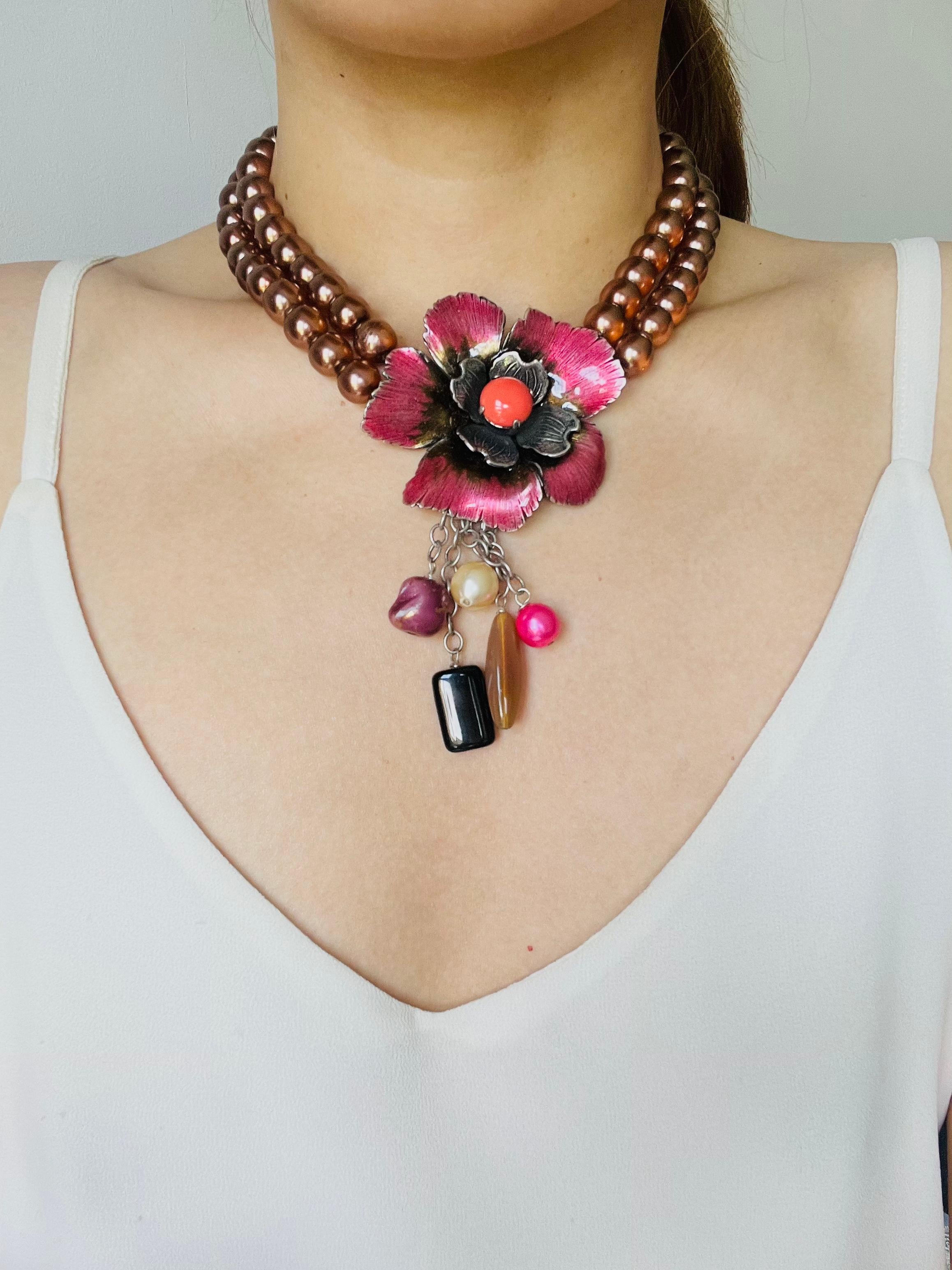 Philippe Ferrandis Vintage Large Camellia Flower Layer Red Pearls Drop Necklace For Sale 1