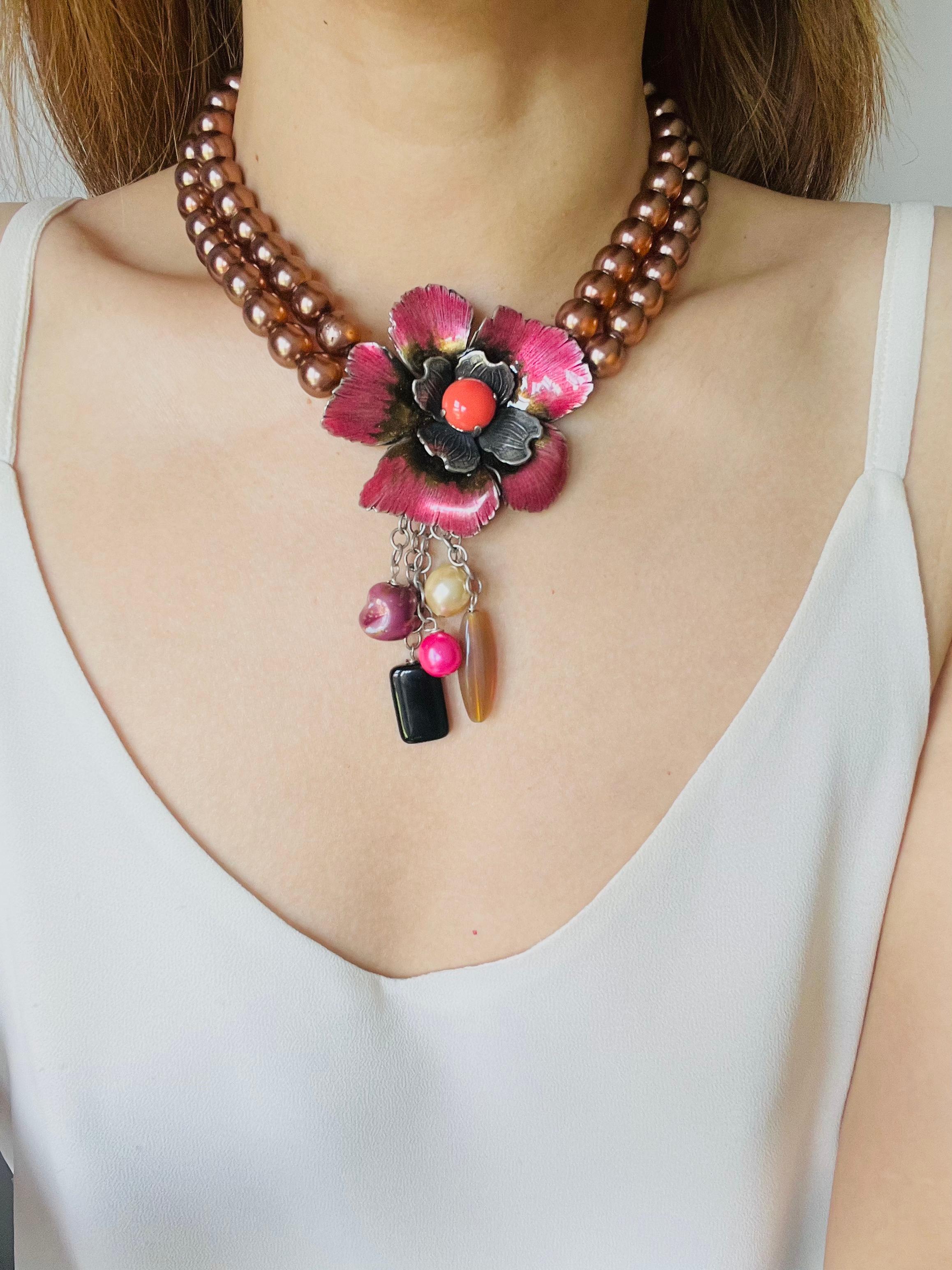 Philippe Ferrandis Vintage Large Camellia Flower Layer Red Pearls Drop Necklace For Sale 2