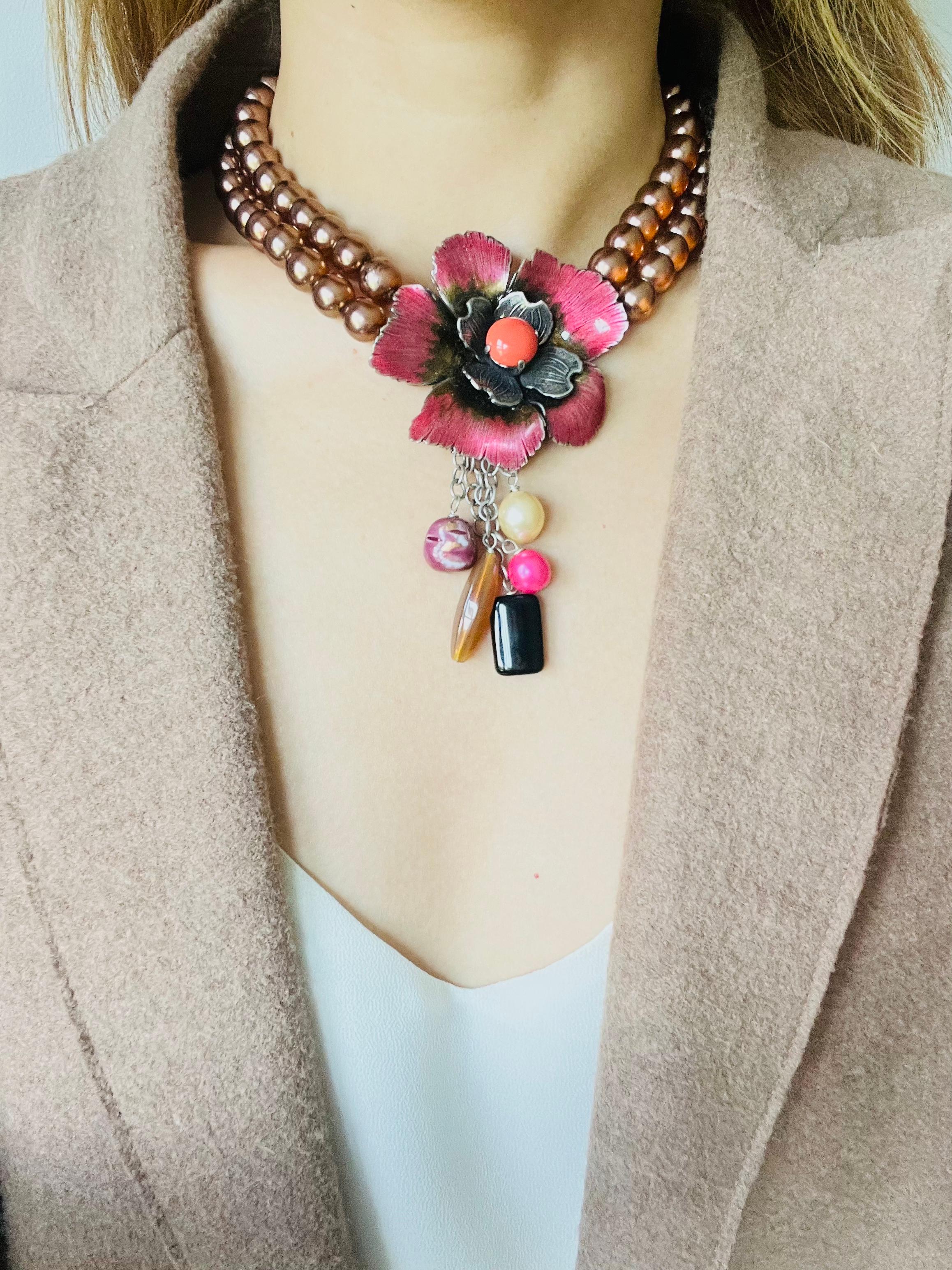 Philippe Ferrandis Vintage Large Camellia Flower Layer Red Pearls Drop Necklace For Sale 3
