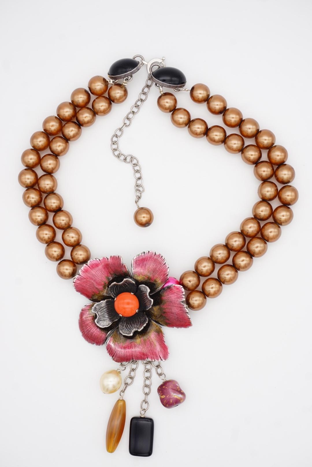 Philippe Ferrandis Vintage Large Camellia Flower Layer Red Pearls Drop Necklace For Sale 4