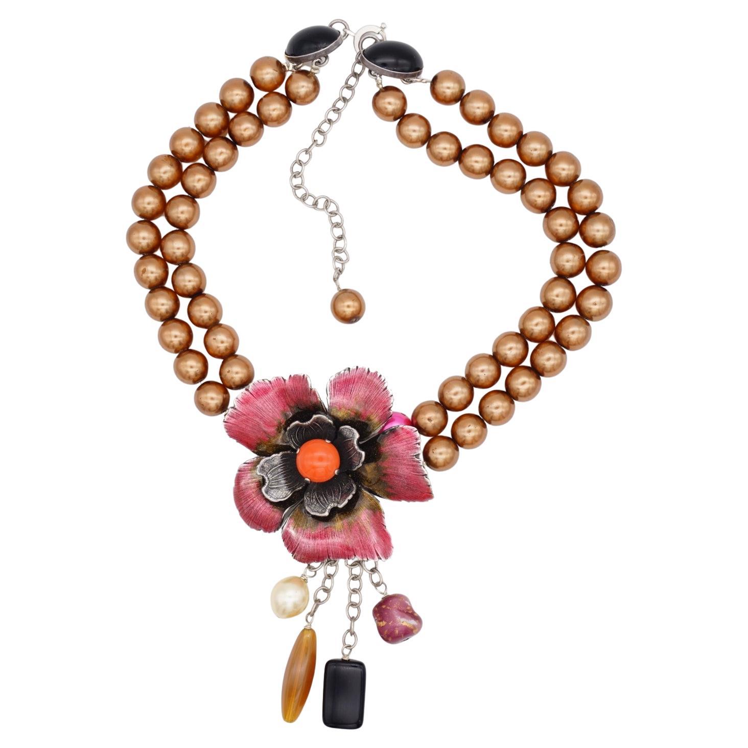 Philippe Ferrandis Vintage Large Camellia Flower Layer Red Pearls Drop Necklace For Sale