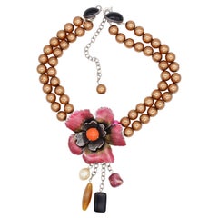Philippe Ferrandis Vintage Large Camellia Flower Layer Red Pearls Drop Necklace