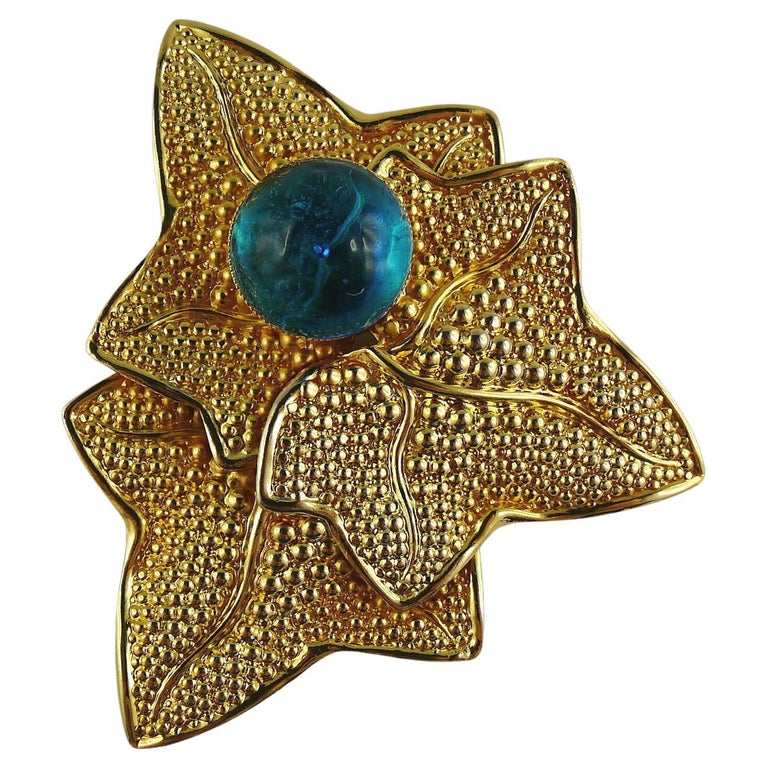 Philippe Ferrandis Vintage Massive Textured Leaves Acqua Blue Resin  Cabochon For Sale at 1stDibs