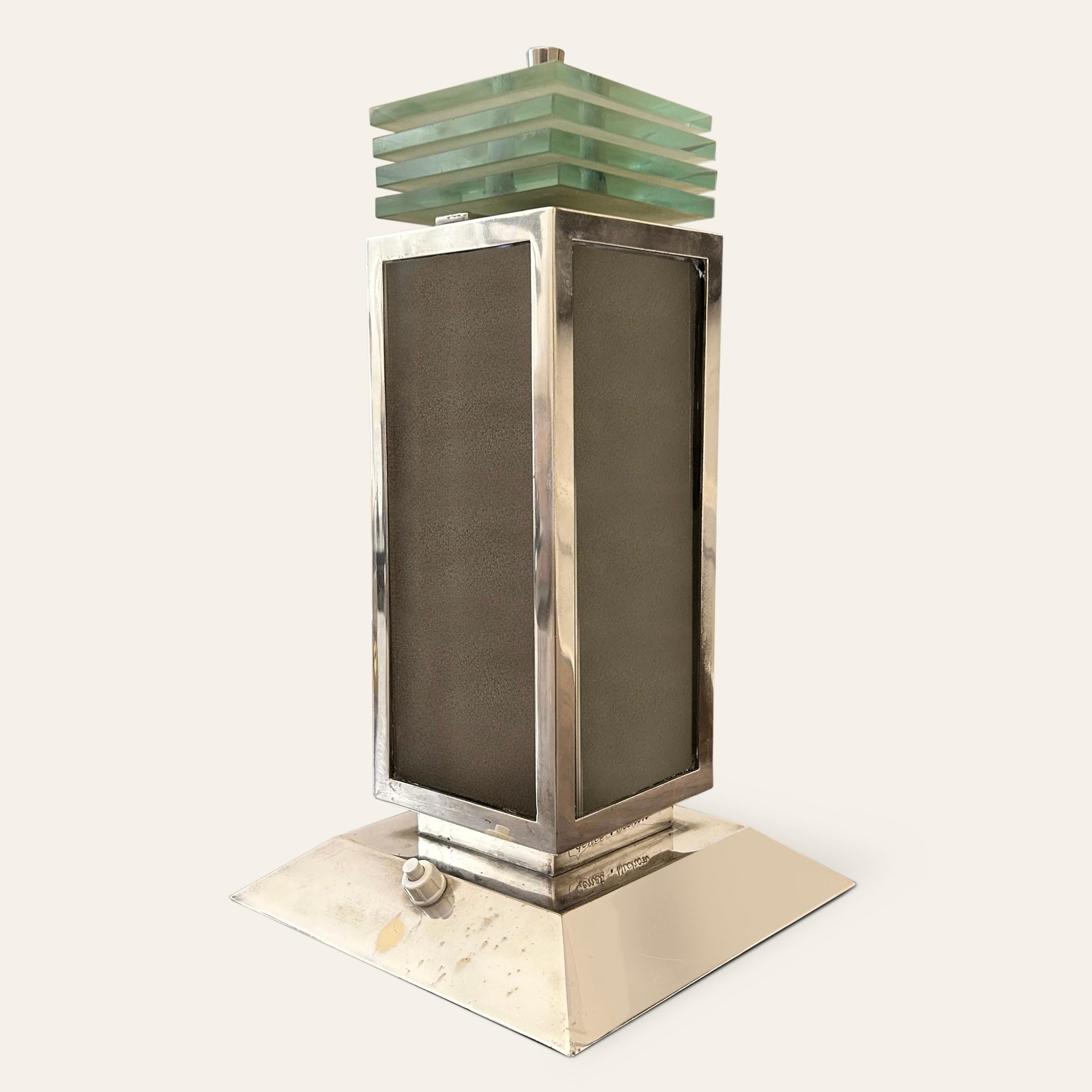 French Philippe Genêt and Lucien Michon Modernist Nickel and Glass Table Light For Sale