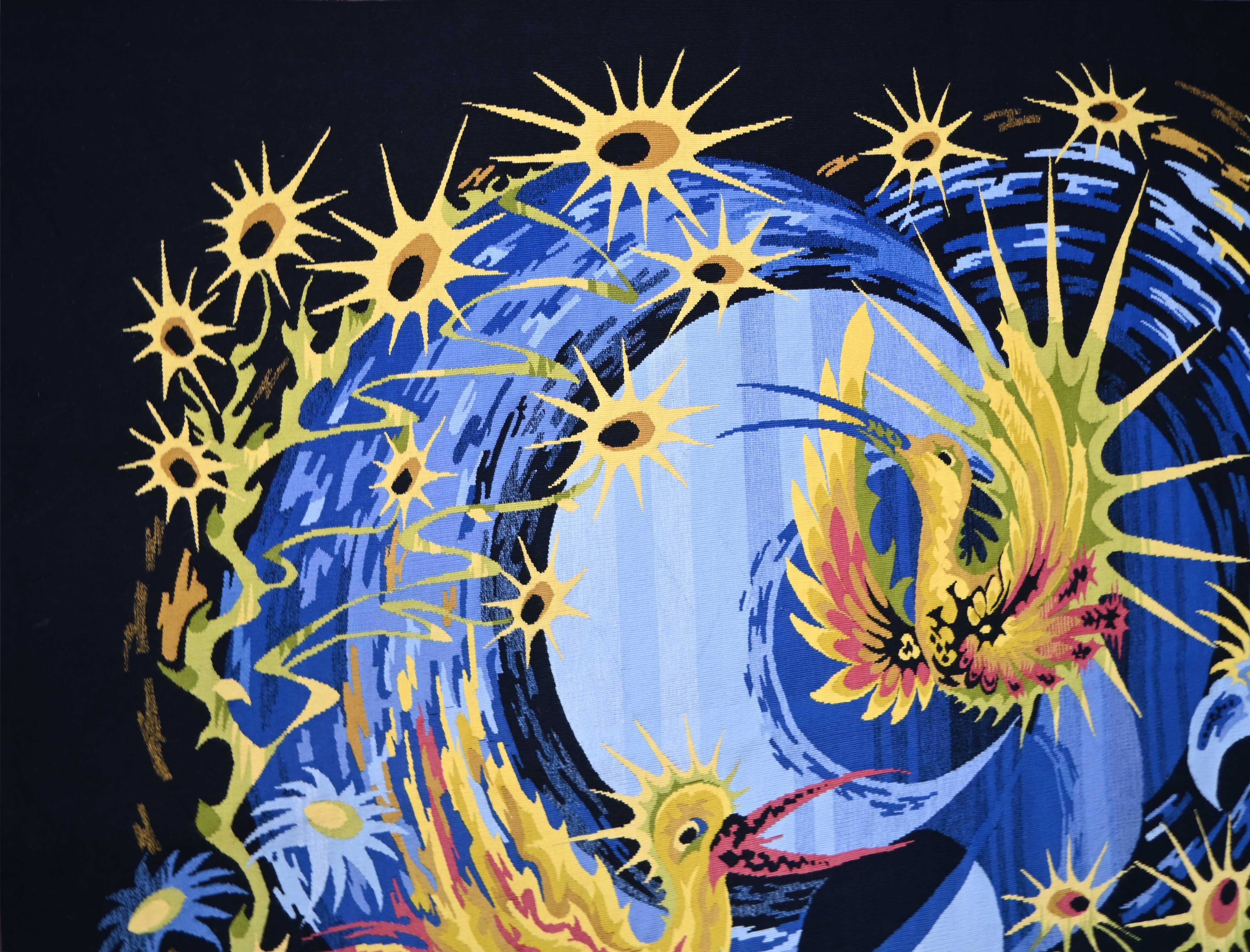 Tissé à la main Philippe Hecquet, Oiseaux du soleil - Tapisserie d'Aubusson - 200x150 - N 1477 en vente