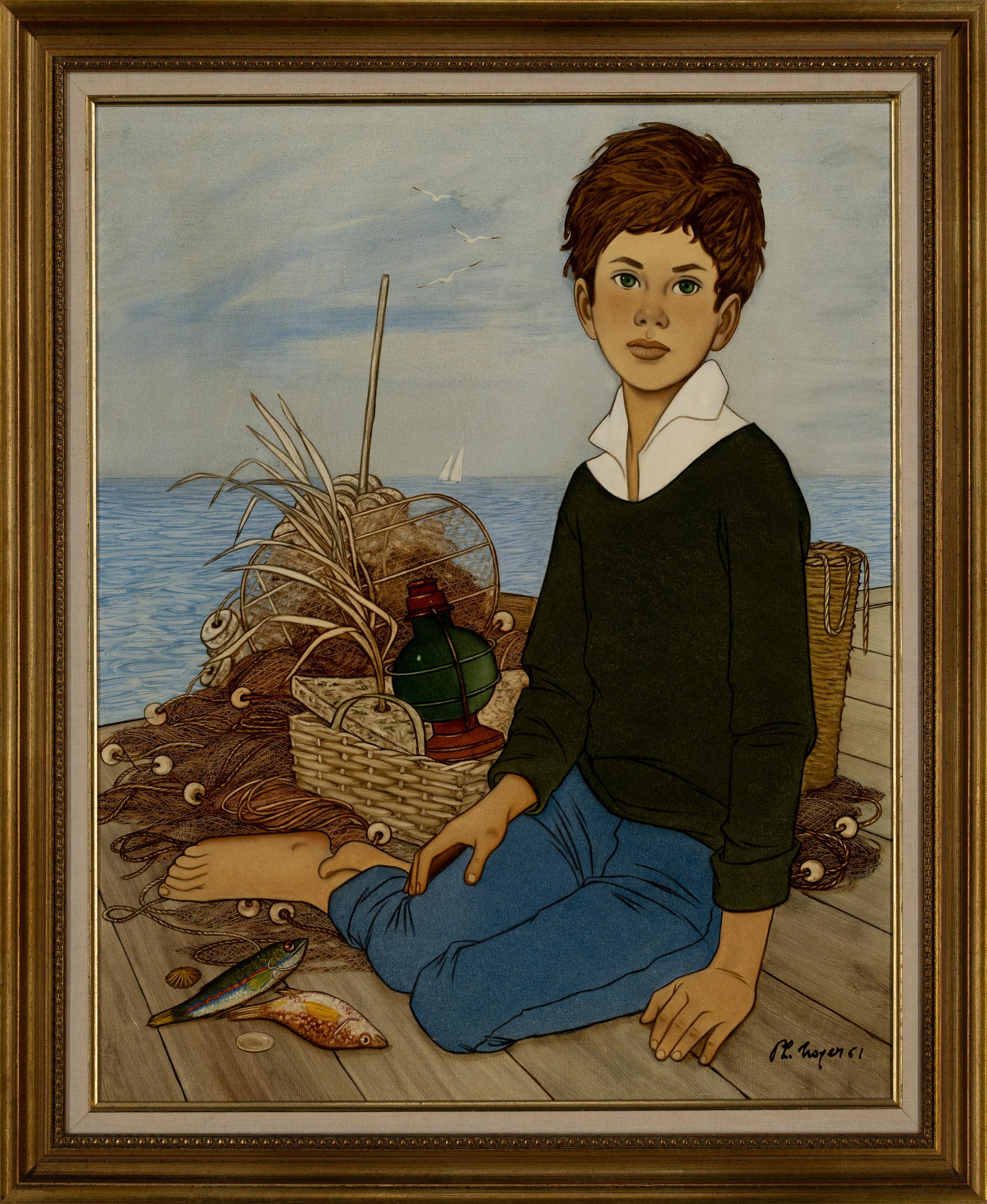 Philippe Noyer "Aldo" 1961 Olio moderno francese su tela, Ritratto, Ragazzo in riva al mare