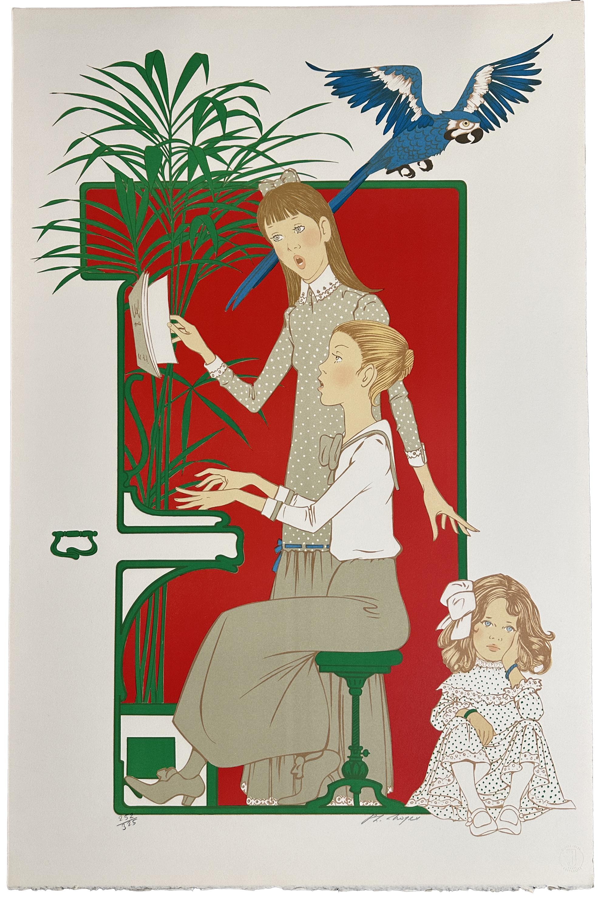 Philippe Henri Noyer Figurative Print – Les Petites Filles aux Piano – Kleine Mädchen am Klavier, signiert, limitierte Auflage