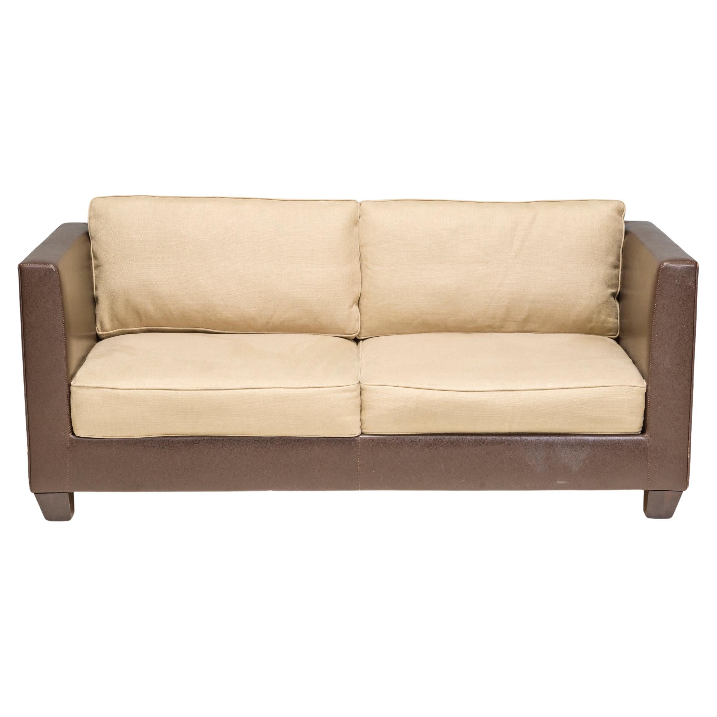 Philippe Hurel Brown leather & Fabric 2 Seater Sofa For Sale