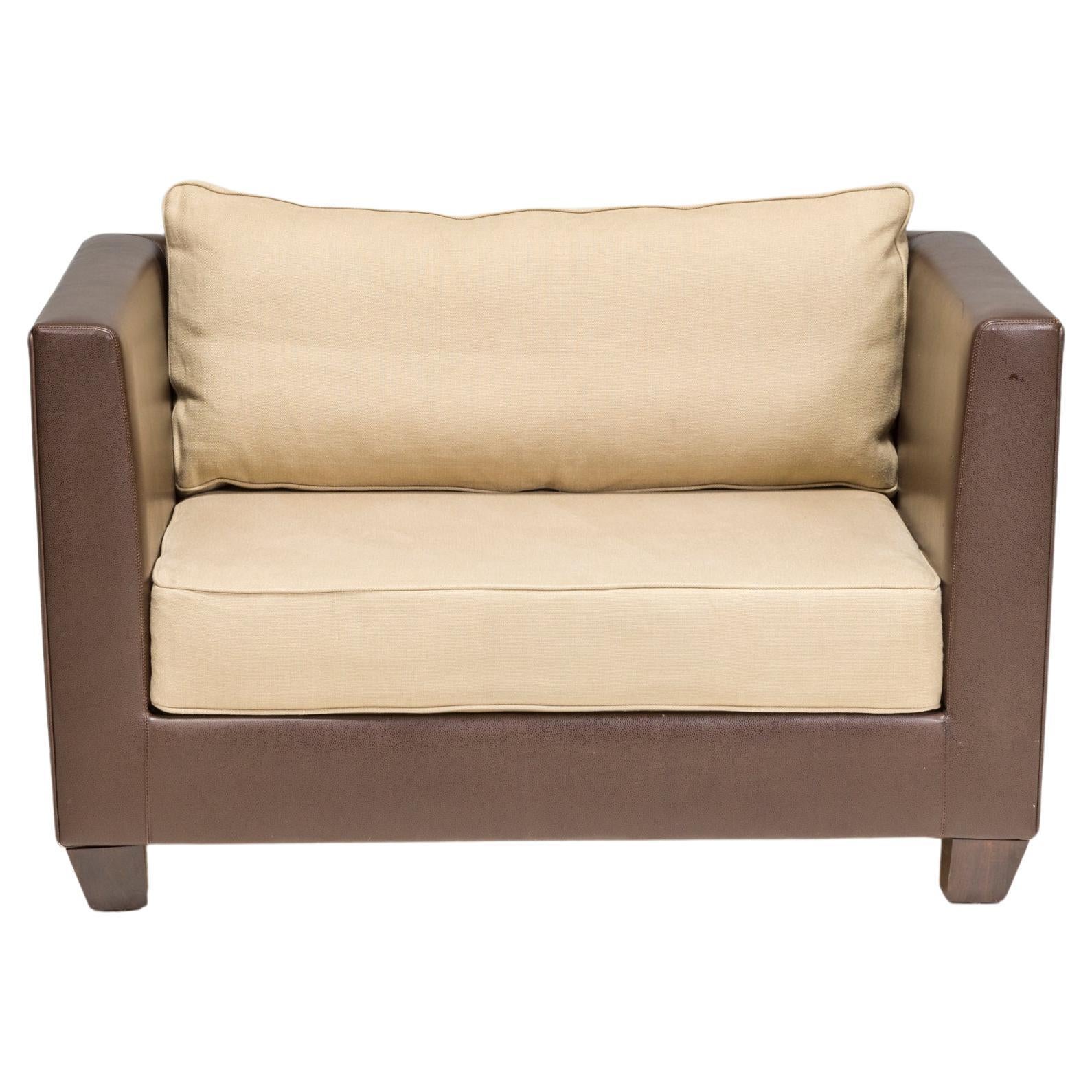 Philippe Hurel Brown Leather & Fabric Loveseat Sofa For Sale