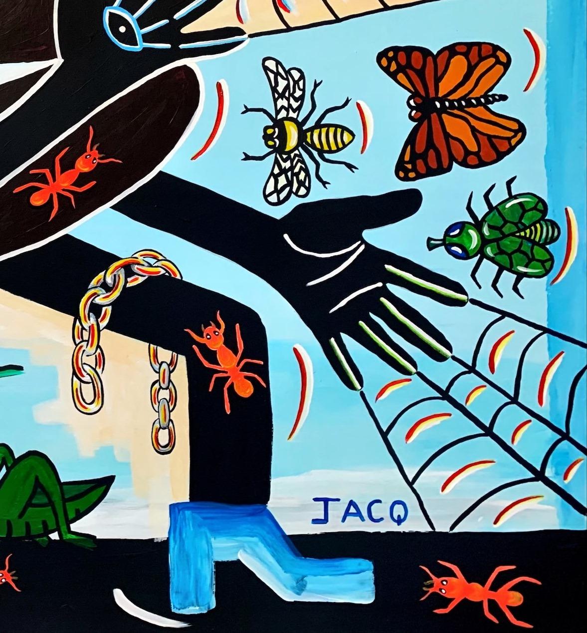 Chasing butterflies Philippe Jacq 21st Century painting African art comics blue For Sale 1