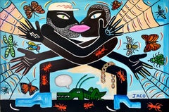 Chasing butterflies Philippe Jacq 21st Century painting African art comics blue