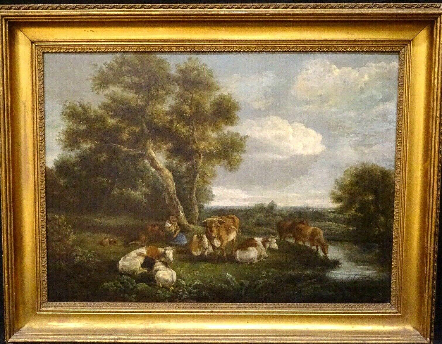 PHILIPPE JACQUES DE LOUTHERBOURG Landscape Painting - Cattle, Drover & Shepherdess Resting By A Stream, 18th Century  