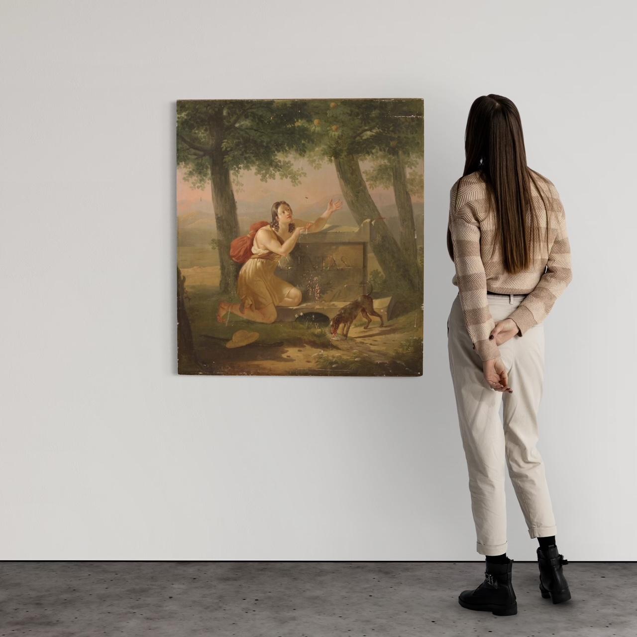 Antique French painting from the first half of the 19th century. Oil on oak panel artwork of excellent pictorial quality depicting a Neoclassical subject entitled Amintas (Aminta), from the famous work by Torquato Tasso. A painting of good size