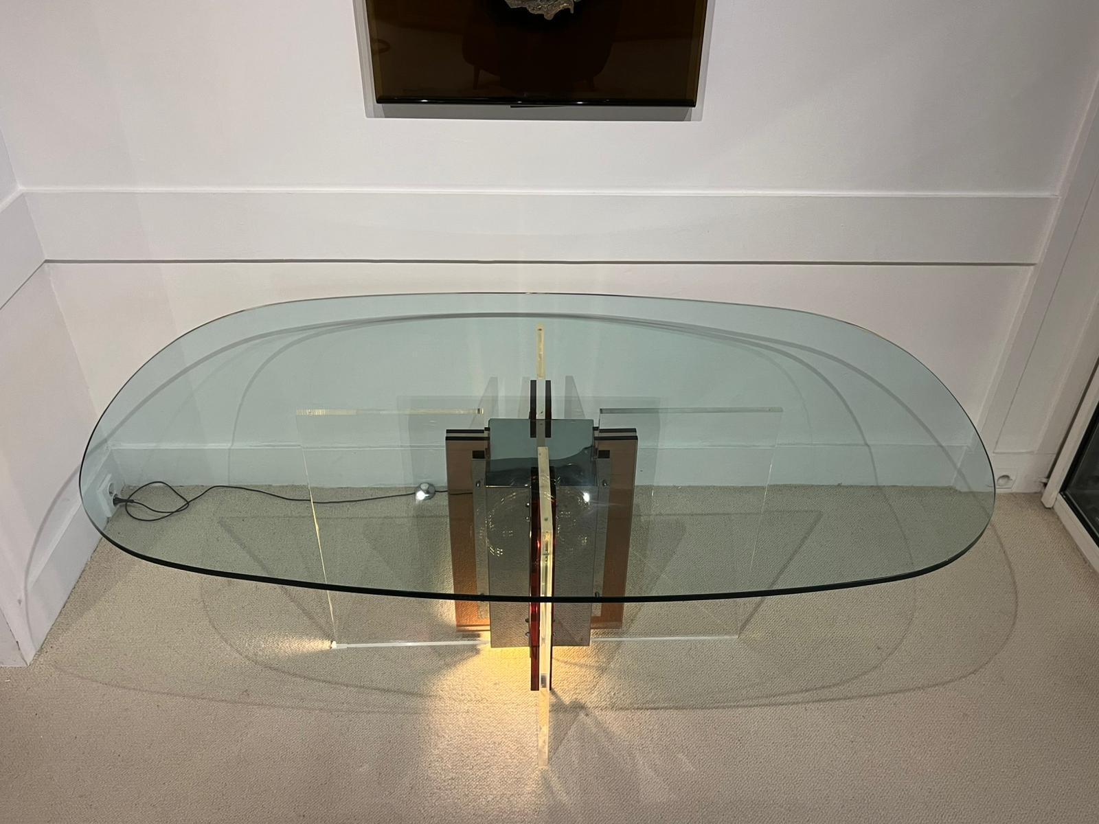 Philippe Jean - Table de salle à manger en lucite, chrome et verre. Signé par l'artiste. en vente 3