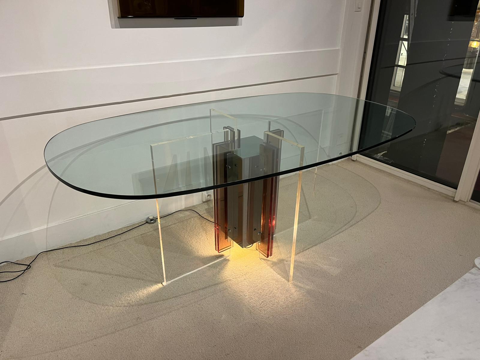 Philippe Jean - Table de salle à manger en lucite, chrome et verre. Signé par l'artiste. en vente 4