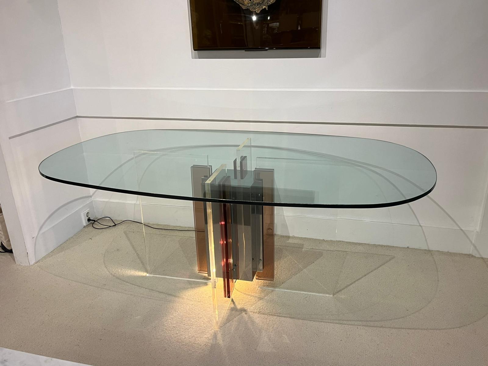 Fin du 20e siècle Philippe Jean - Table de salle à manger en lucite, chrome et verre. Signé par l'artiste. en vente