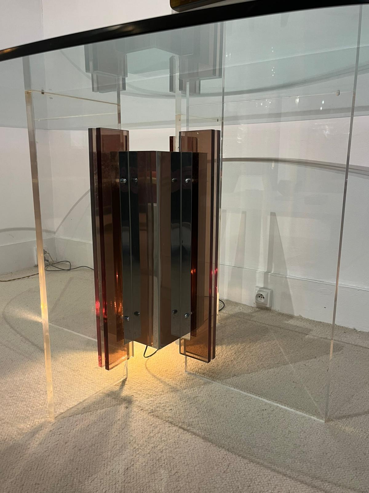 Philippe Jean - Table de salle à manger en lucite, chrome et verre. Signé par l'artiste. en vente 1