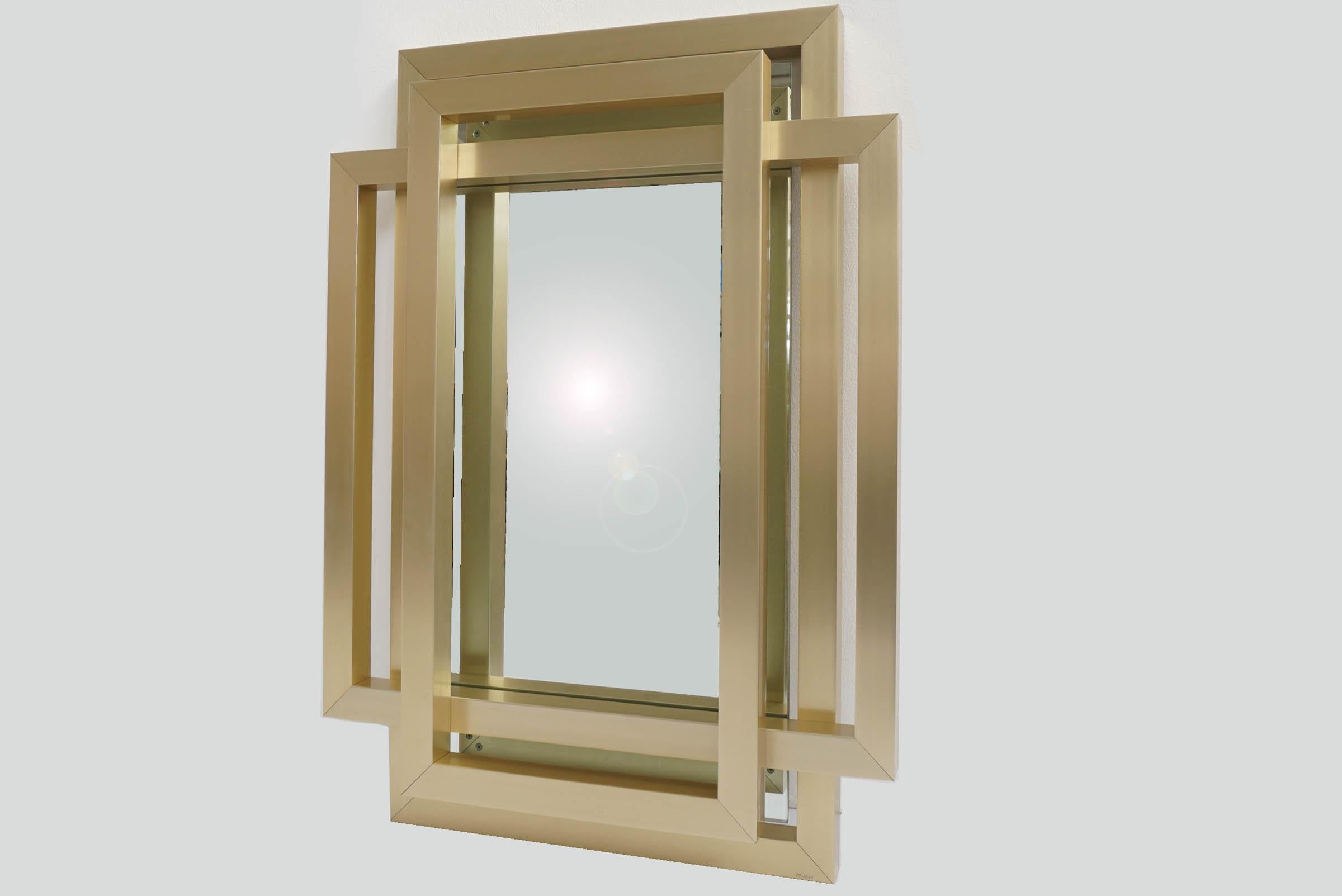 International Style Philippe Jean, Important Mirror Three Crossed Brass Frames