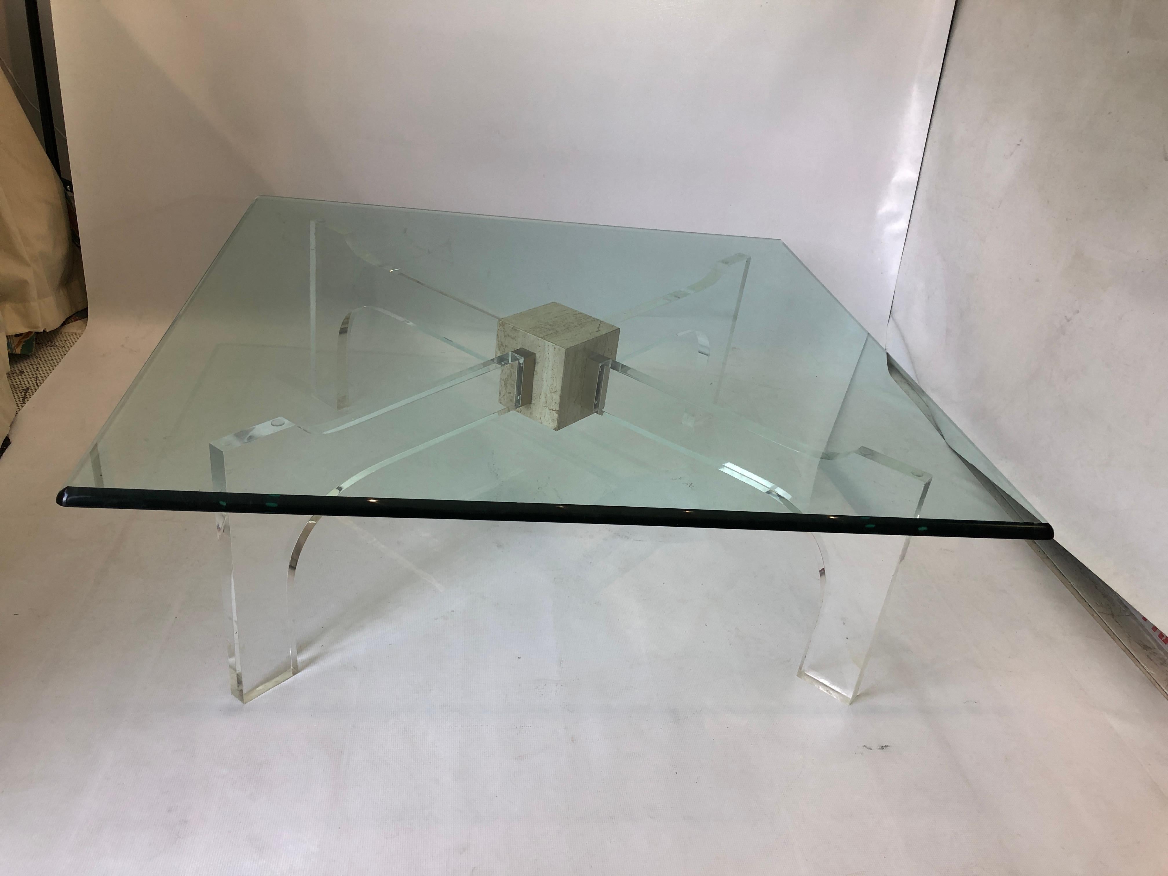 Post-Modern Philippe Jean Manner Lucite Glass Travertine Brass Coffee Table Italian 1970s For Sale
