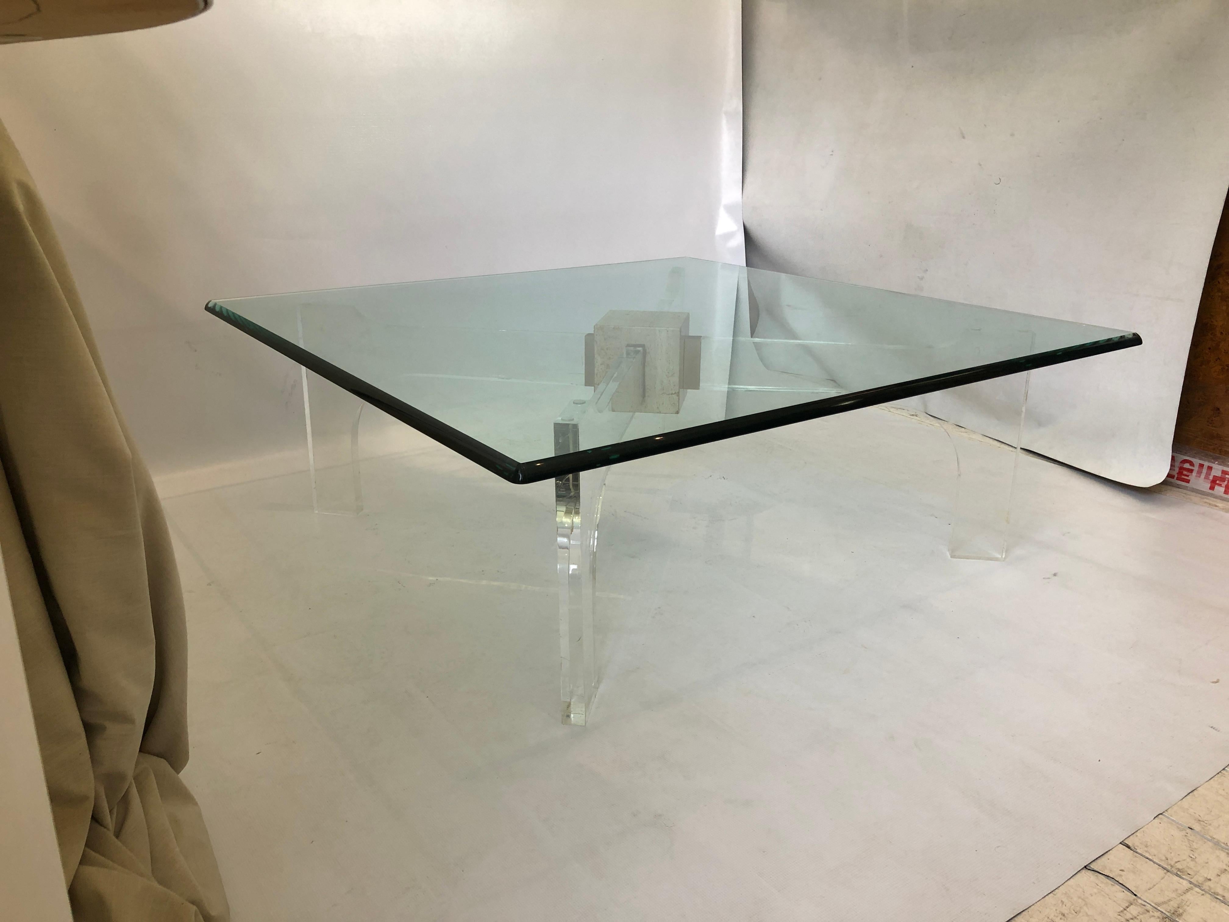 Philippe Jean Manner Lucite Glass Travertine Brass Coffee Table Italian 1970s In Good Condition For Sale In London, GB