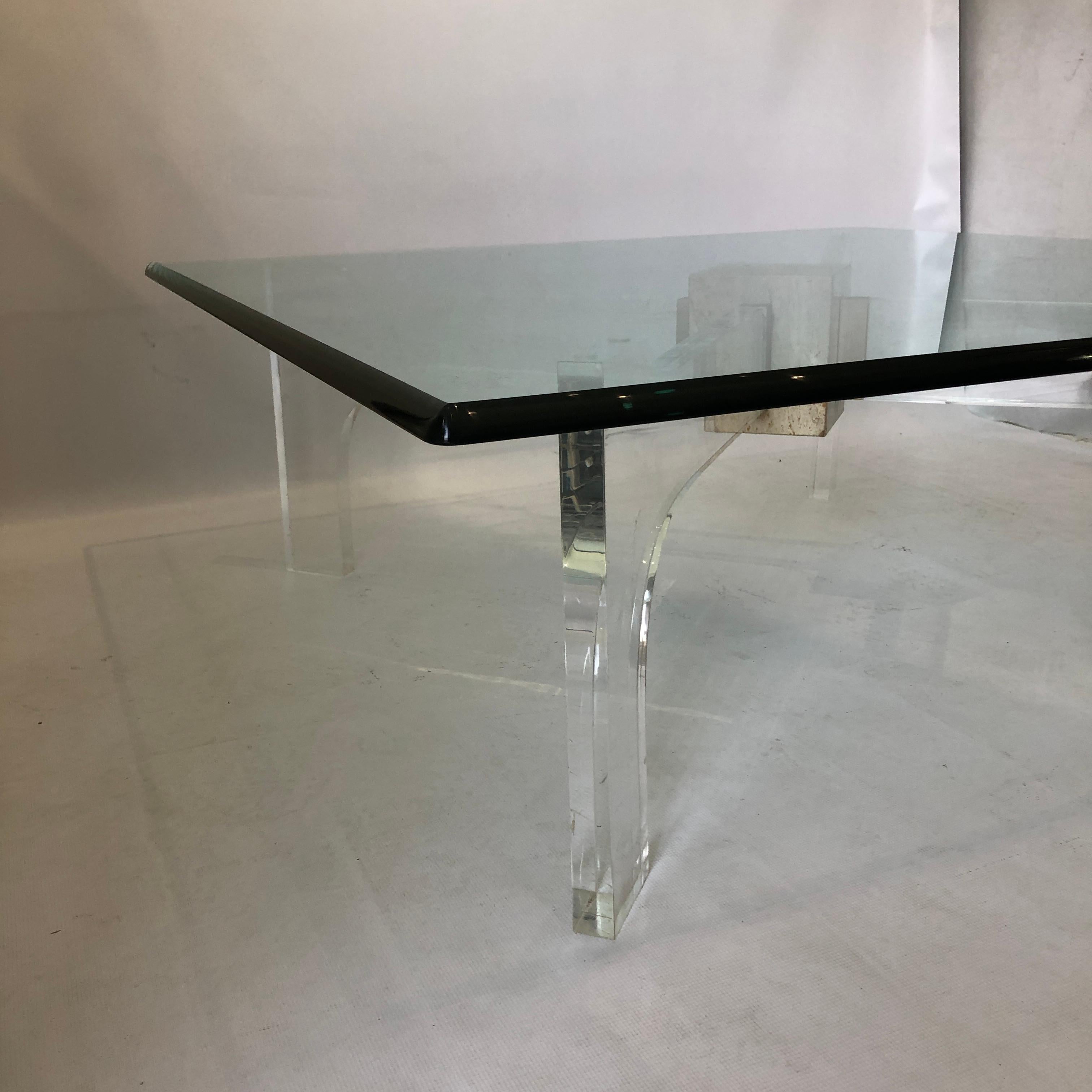 Late 20th Century Philippe Jean Manner Lucite Glass Travertine Brass Coffee Table Italian 1970s For Sale