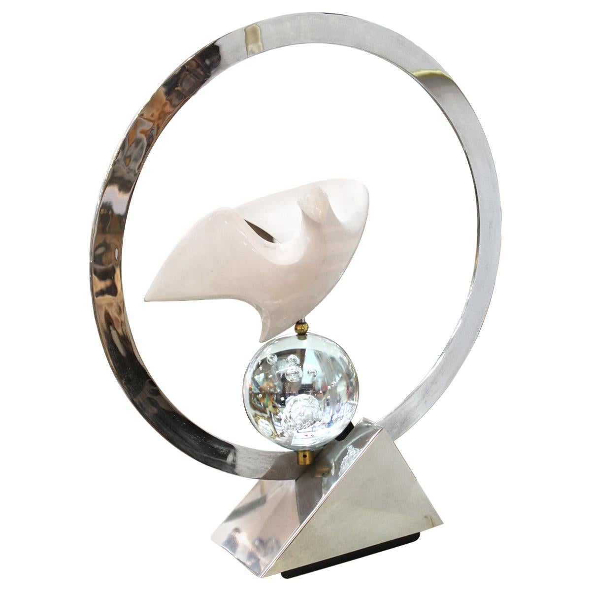 Philippe Jean Modern Enameled Metal Bird Table Lamp with Chrome & Glass Accents