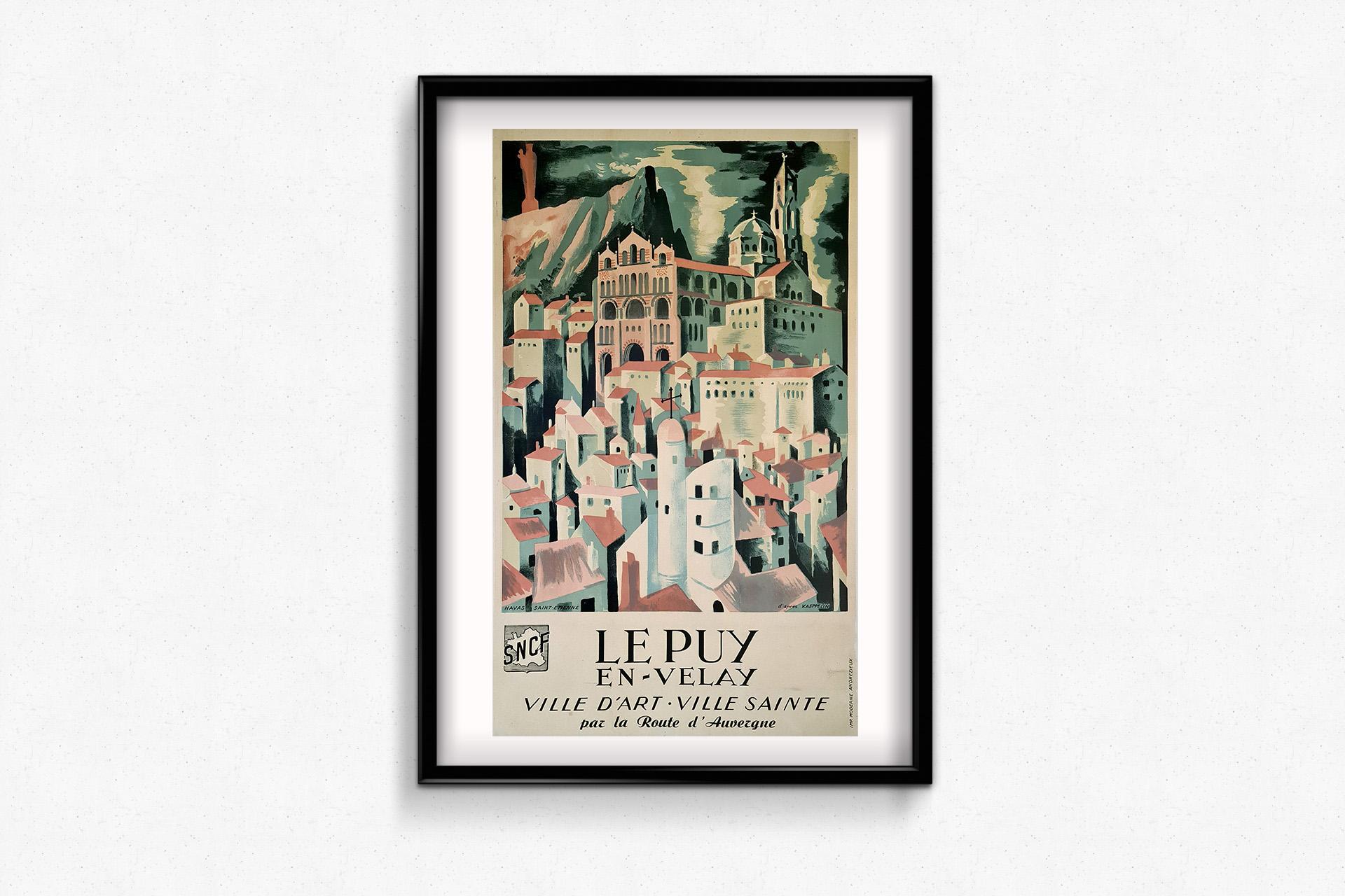 This stunning circa 1940 original travel poster, designed after Kaeppelin, transports the viewer to the heart of Le Puy-en-Velay, a historic gem in the Auvergne region of central France. Issued by the SNCF (French National Railways), this artwork