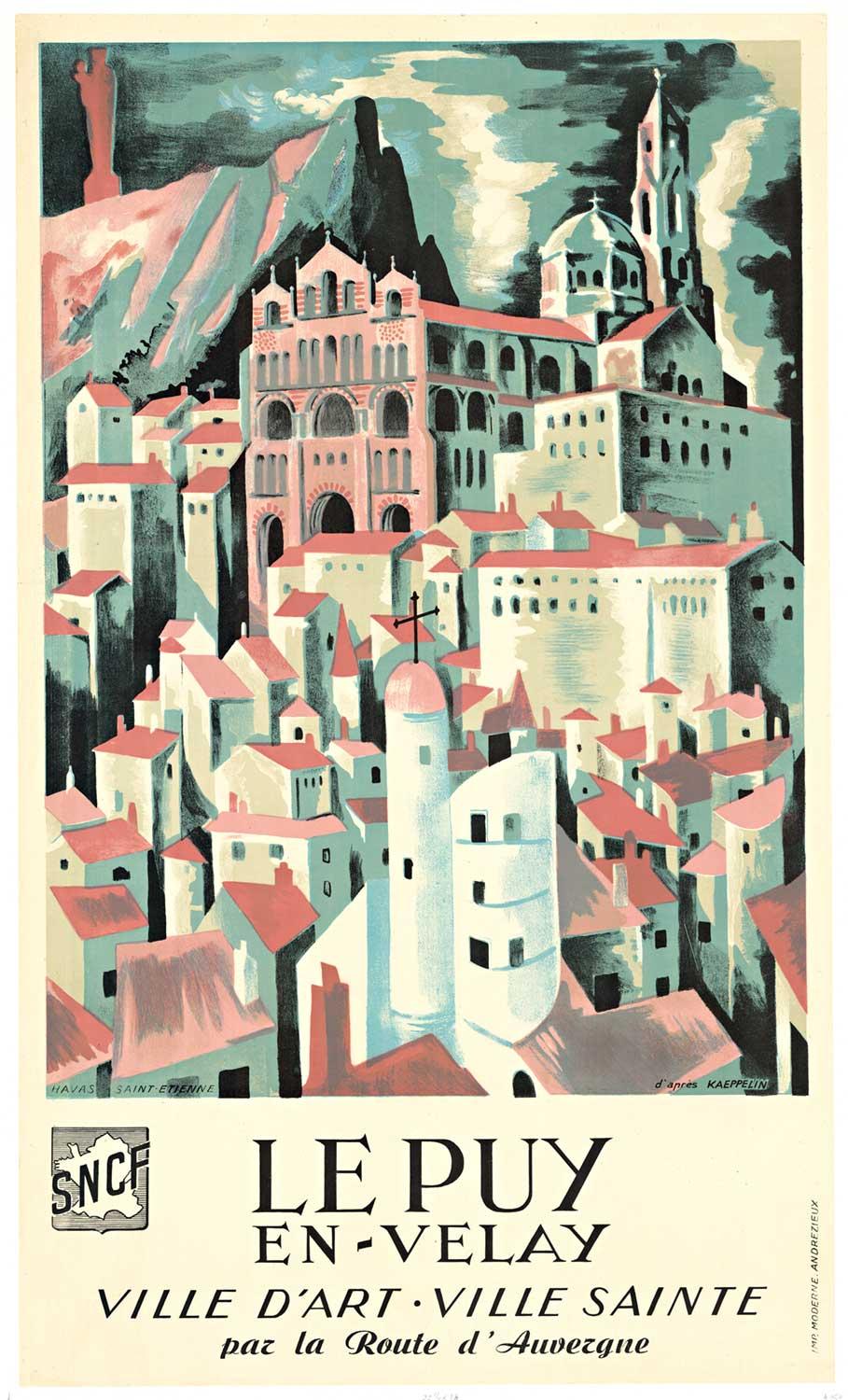 Philippe Kaeppelin Landscape Print - Original Le Puy En Velay, SNCF vintage travel poster