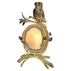 Philippe Lambert Bronze Owl and Agate Table Lamp