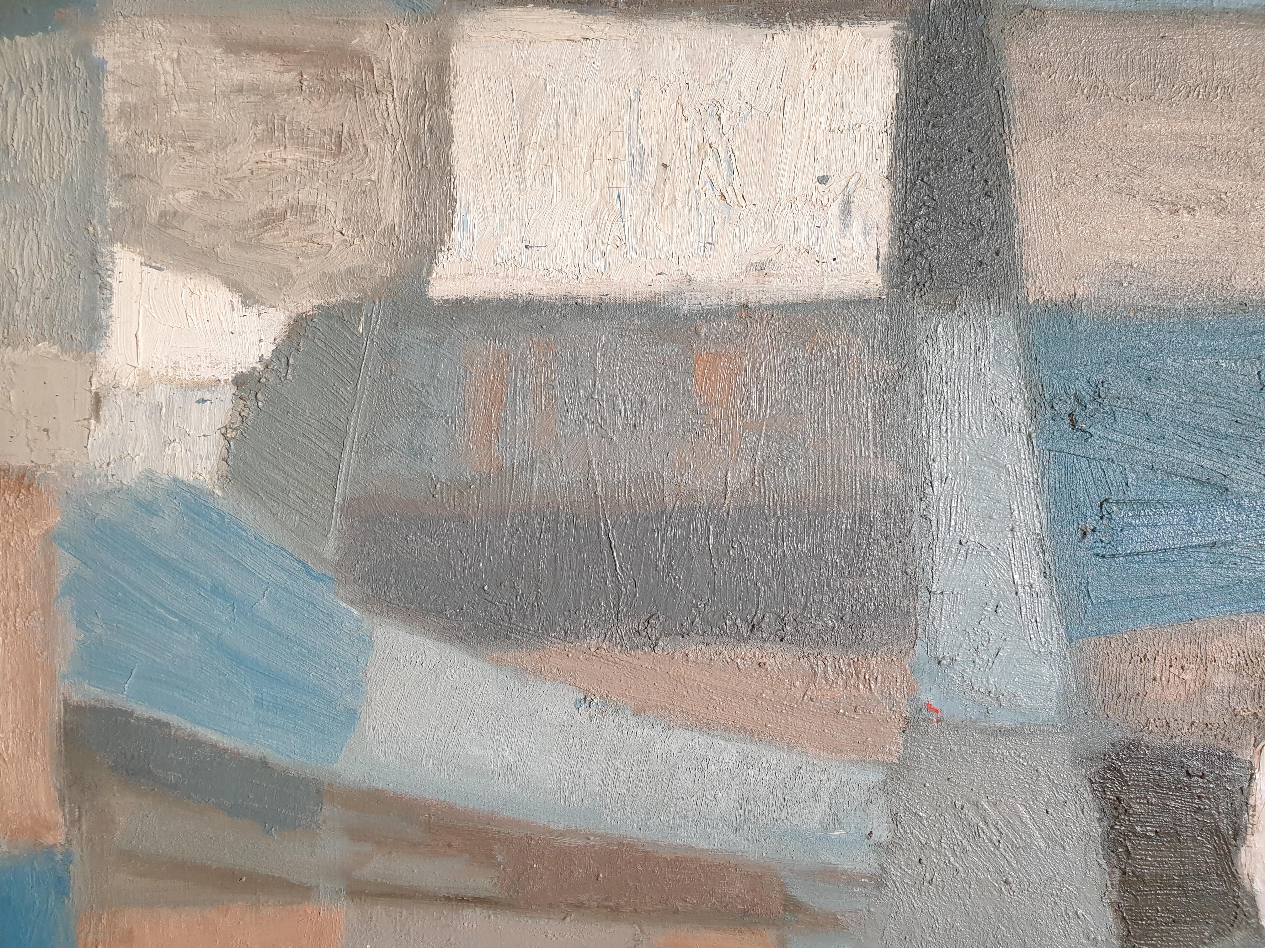 Abstraktes Ölgemälde auf Leinwand, Mid-Century. Zusammensetzung in Blau. (Grau), Abstract Painting, von Philippe Lepatre