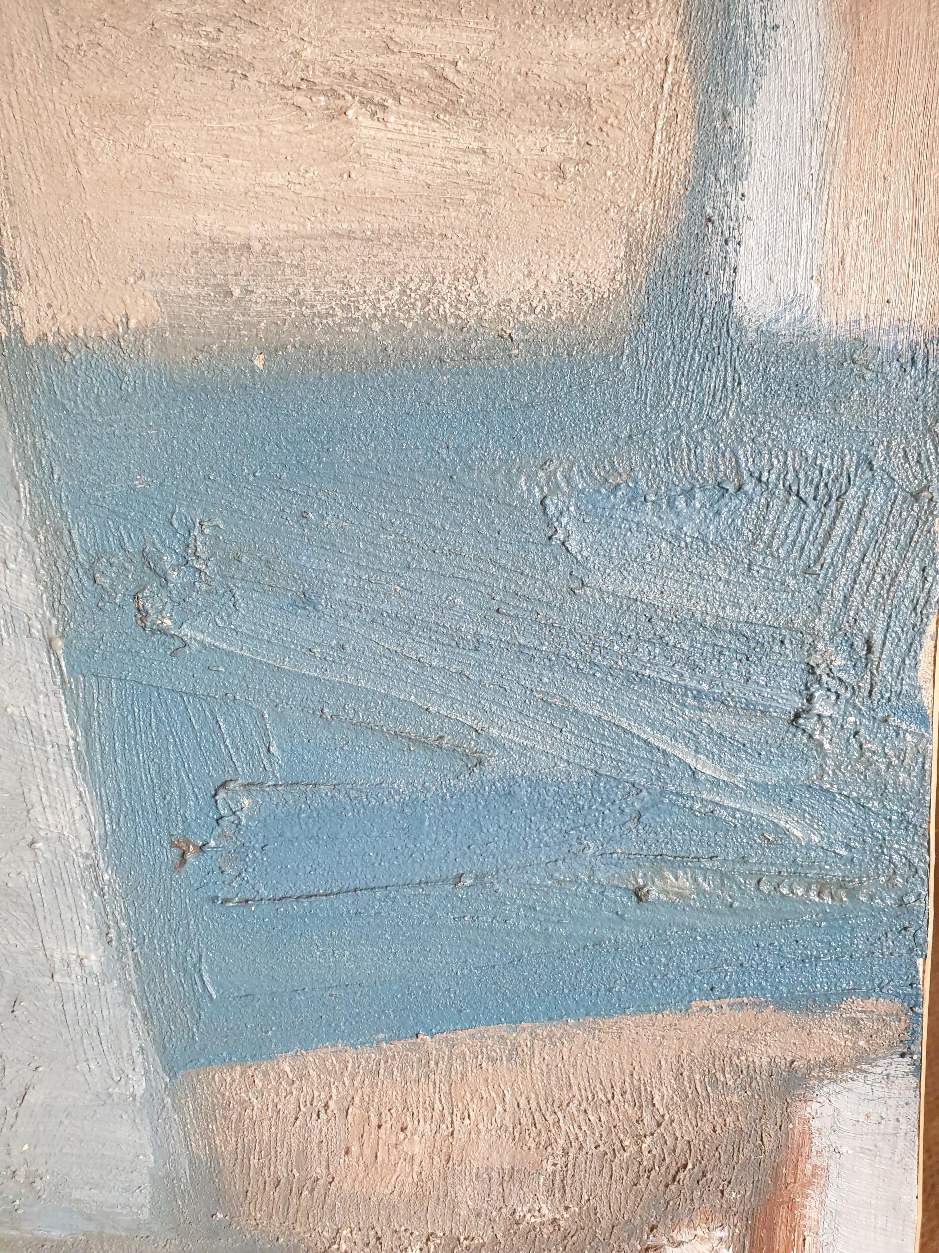 Abstraktes Ölgemälde auf Leinwand, Mid-Century. Zusammensetzung in Blau. im Angebot 2