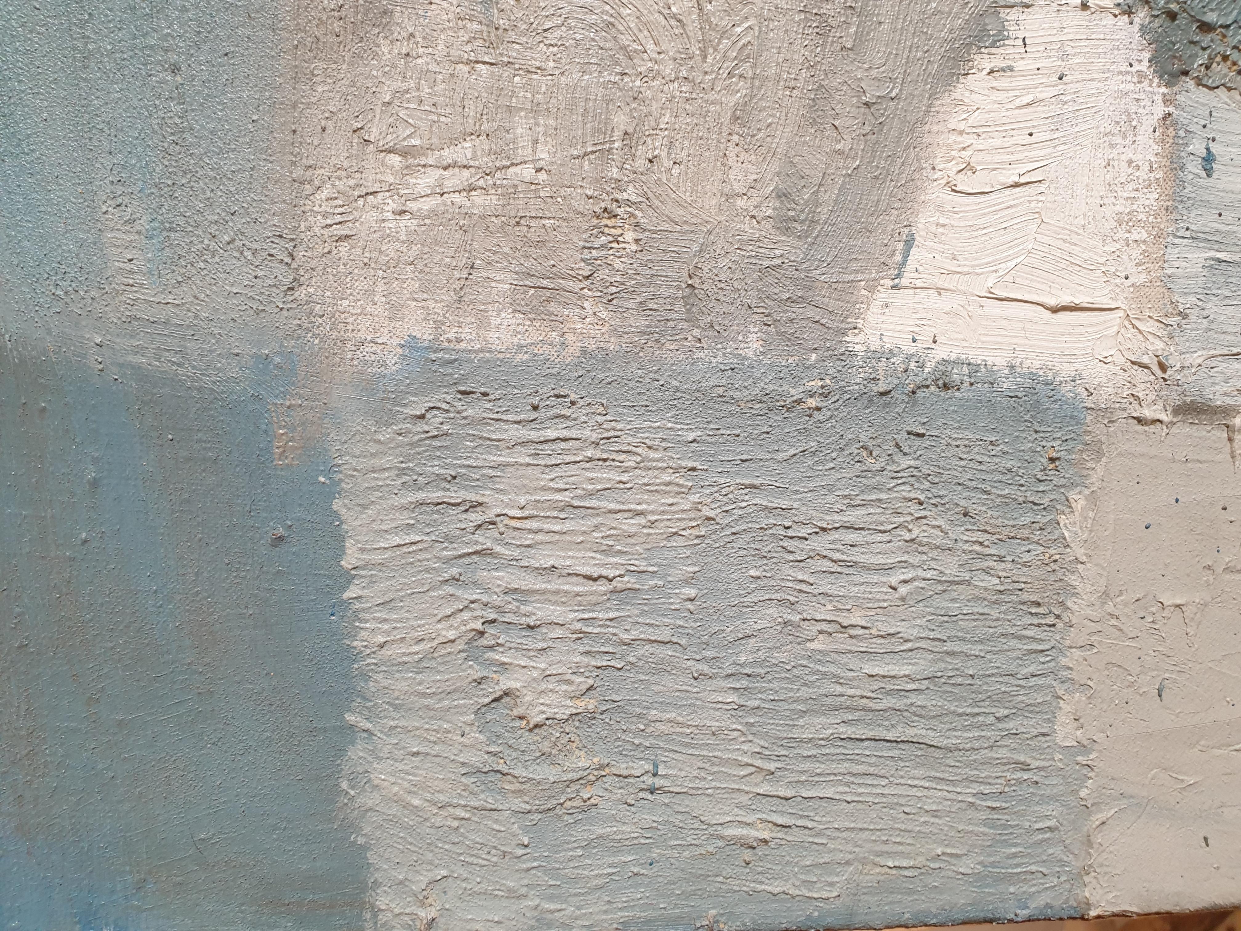 Abstraktes Ölgemälde auf Leinwand, Mid-Century. Zusammensetzung in Blau. im Angebot 4