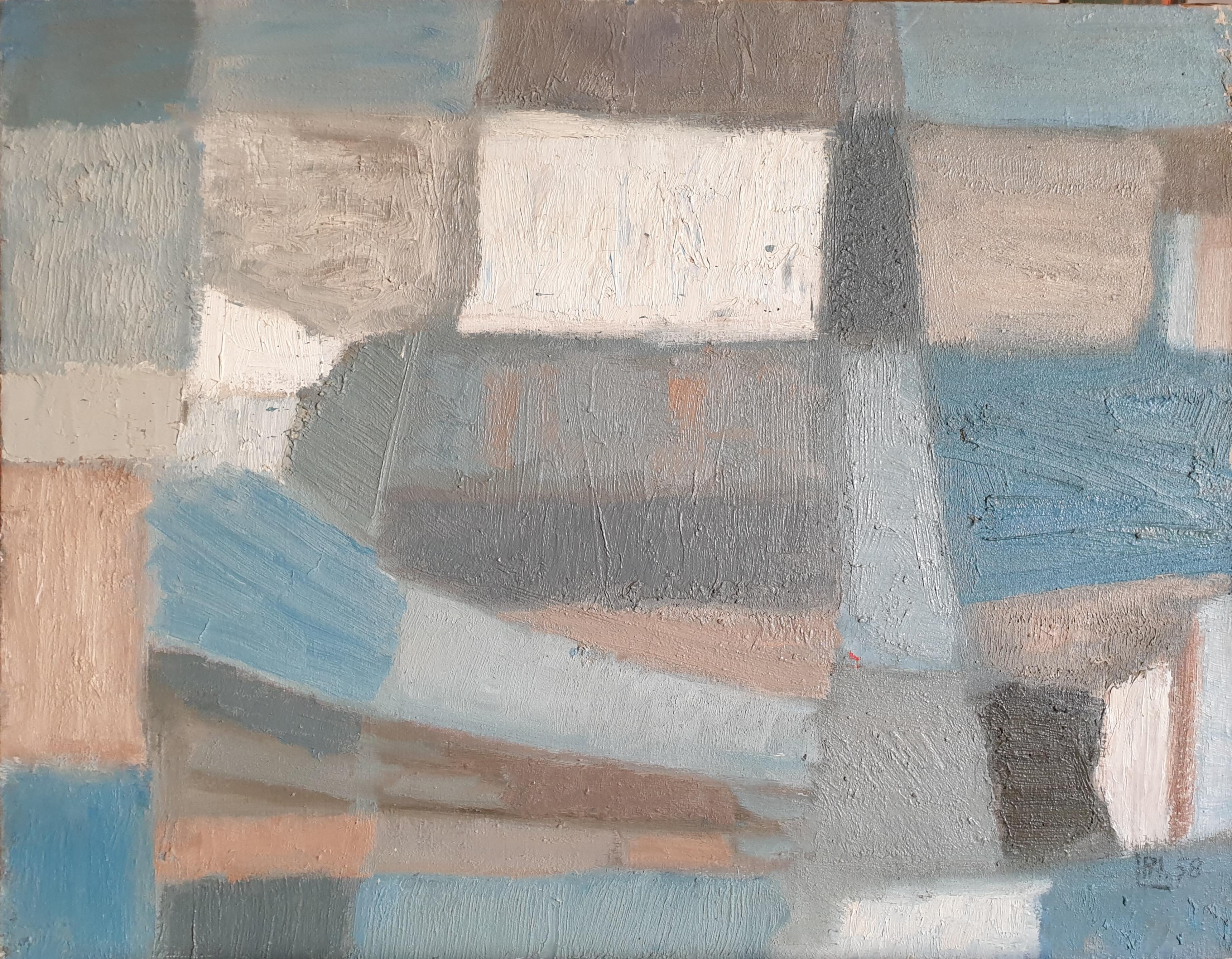 Mid-Century Abstract Oil on Canvas. Composition in Blue.