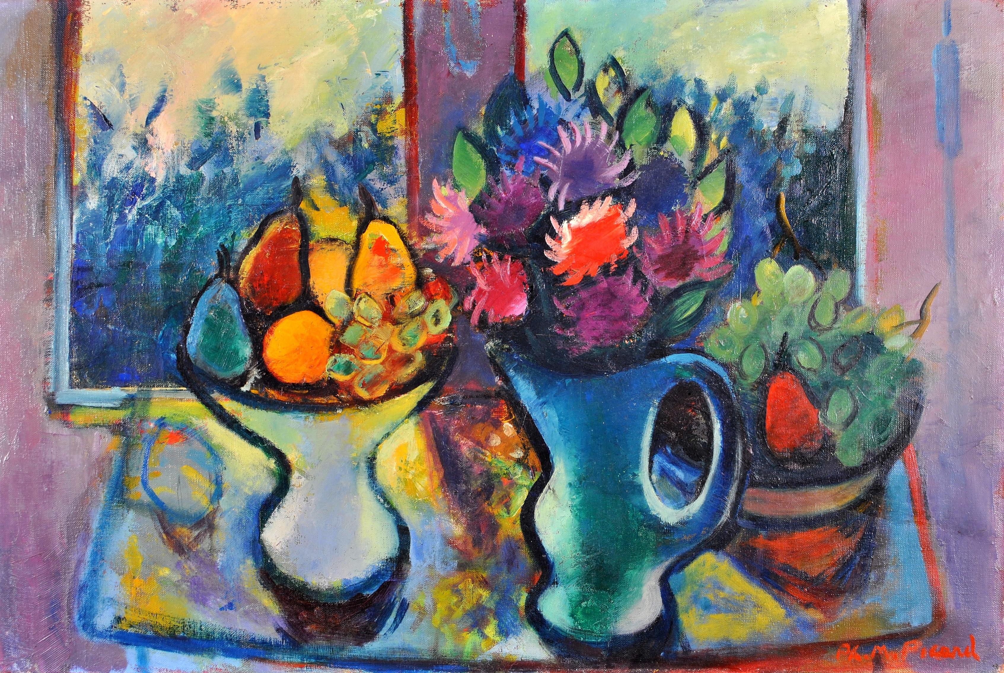 Fleurs et fruits dans une fenêtre - Grande nature morte expressionniste française - Painting de Philippe Marie René Picard 