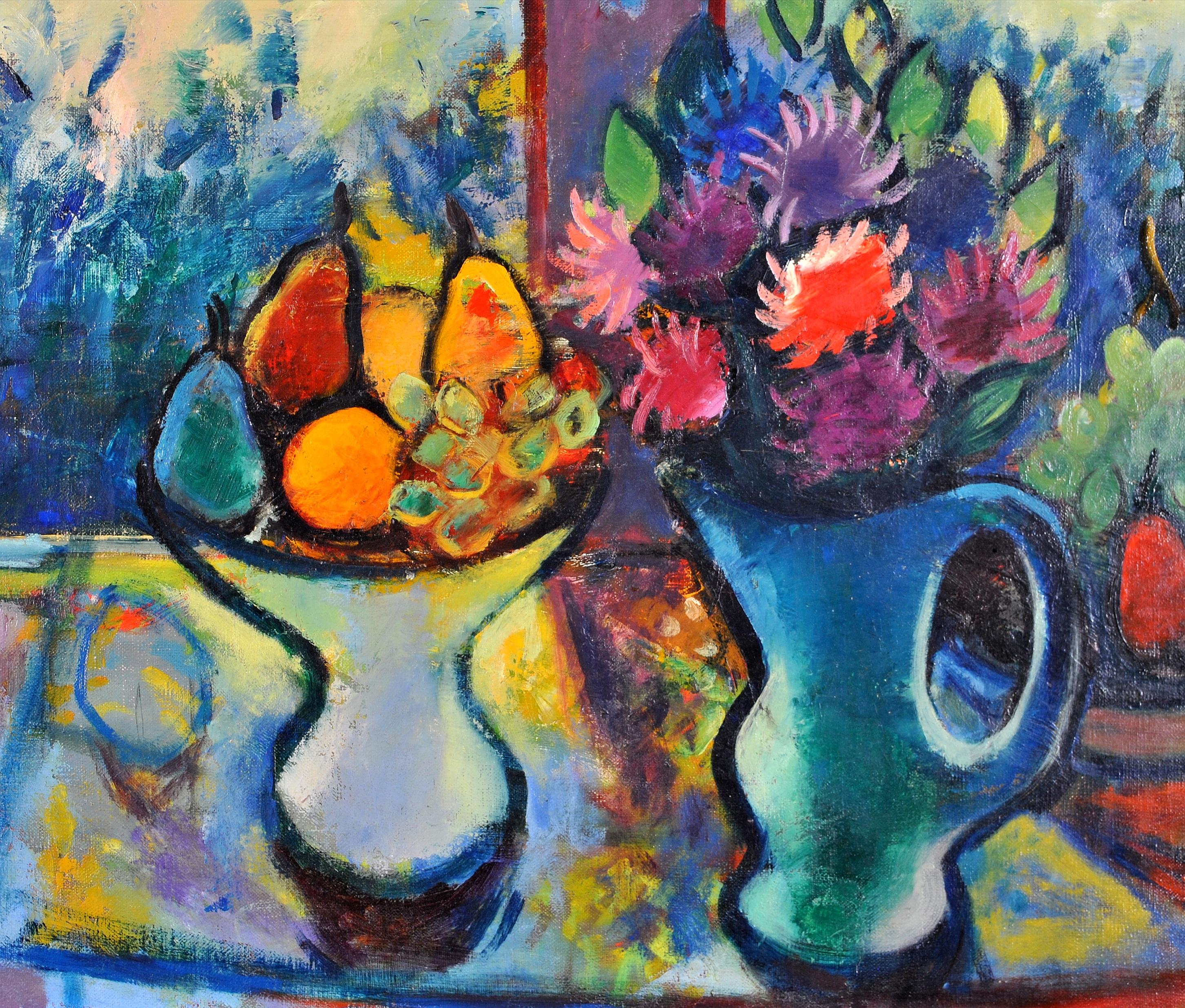 Flowers & Fruit in a Window - Large French Expressionist Still Life Painting For Sale 1