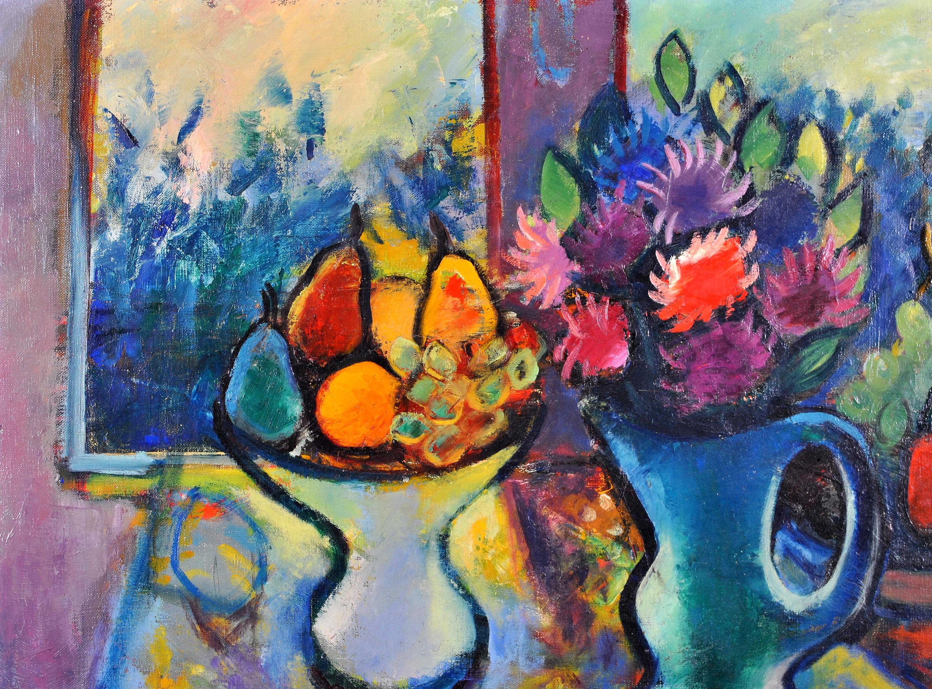 Magnifique huile sur toile expressionniste française des années 1950 représentant des fleurs et des fruits dans une fenêtre par Philippe Marie René Picard. Nature morte lumineuse et colorée à bonne échelle. Signé en bas à droite.

Artistics :