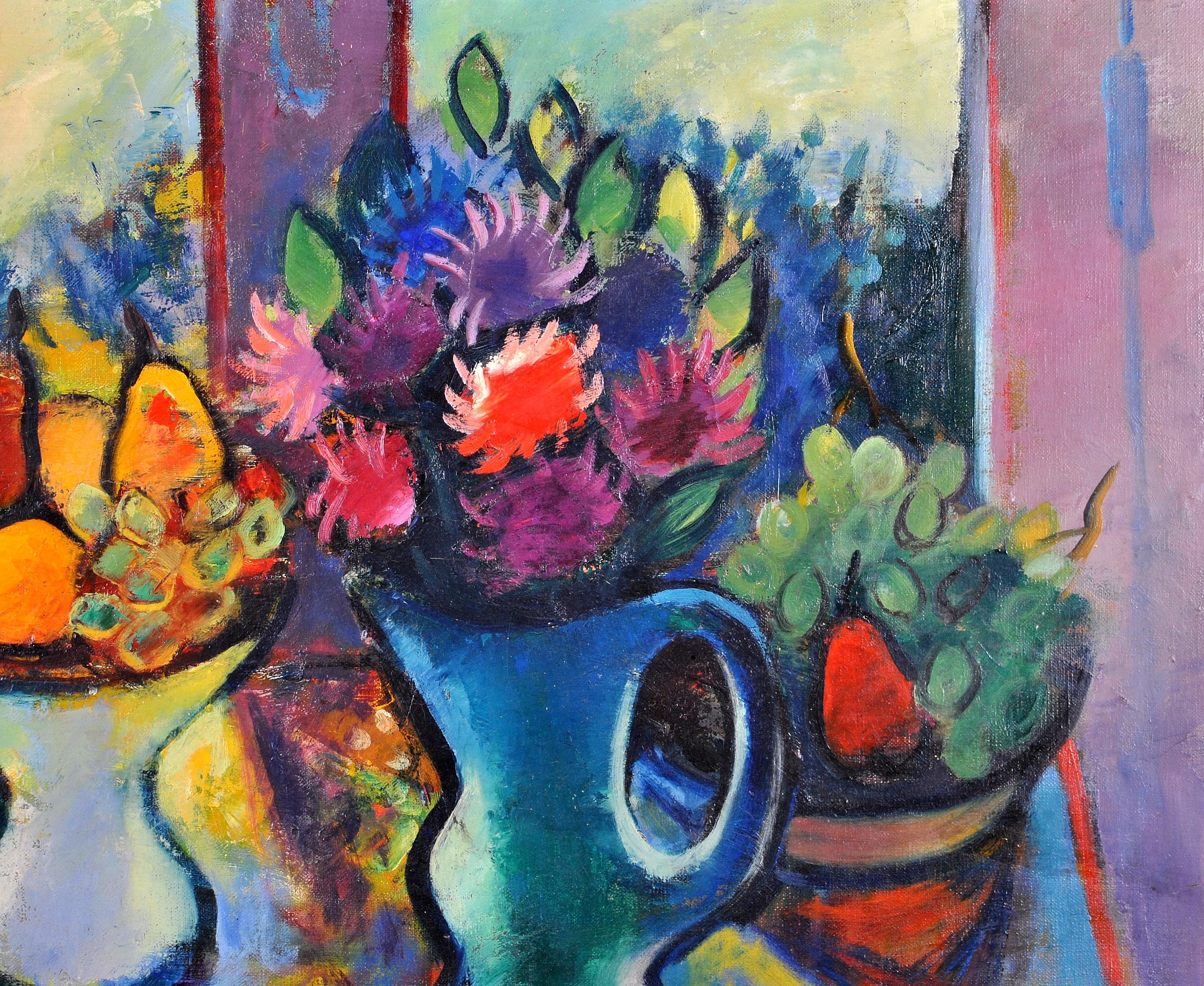 Fleurs et fruits dans une fenêtre - Grande nature morte expressionniste française en vente 1