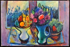 Blumen und Früchte in einem Window - Großes französisches expressionistisches Stillebengemälde