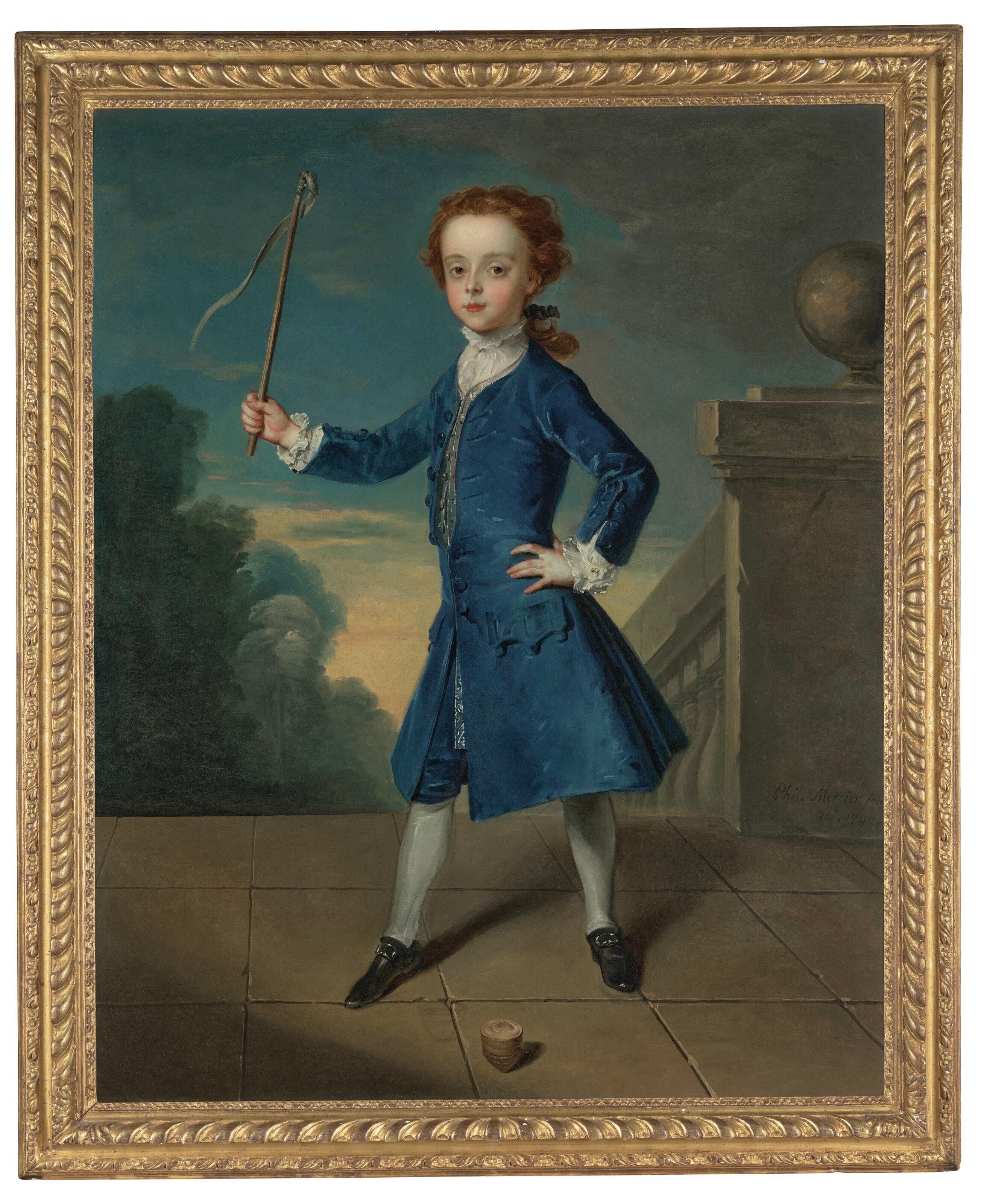 18th century portrait painting of a boy playing with a spinning top on a terrace