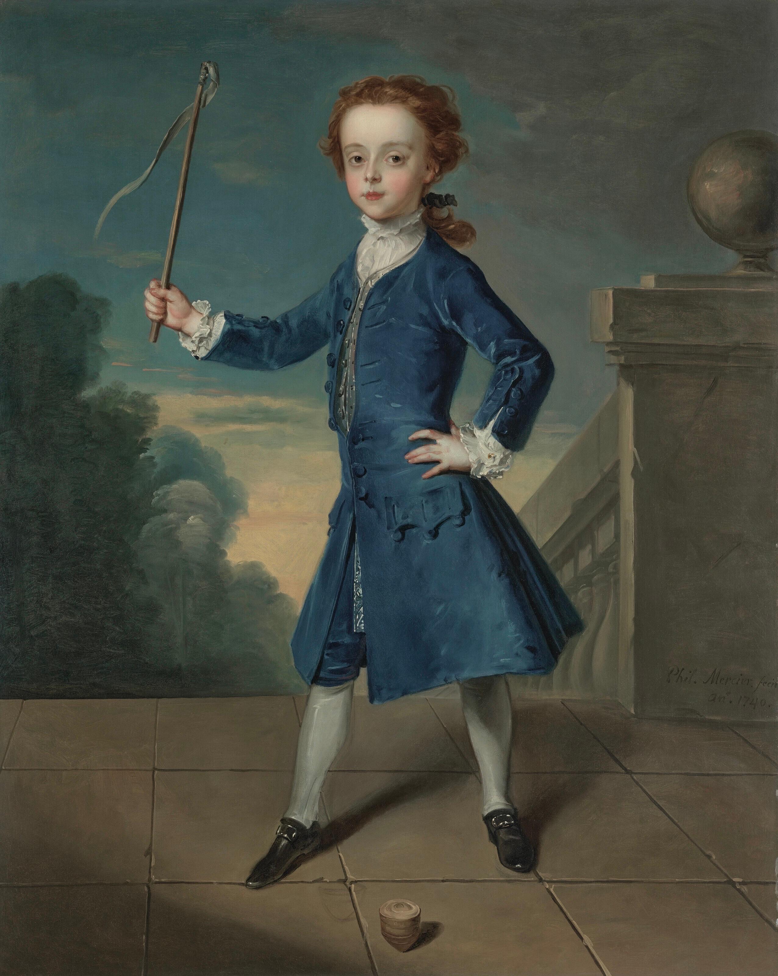 Peinture de portrait d'un garçon au sommet tournant sur une terrasse de jardin du 18e siècle - Painting de Philippe Mercier
