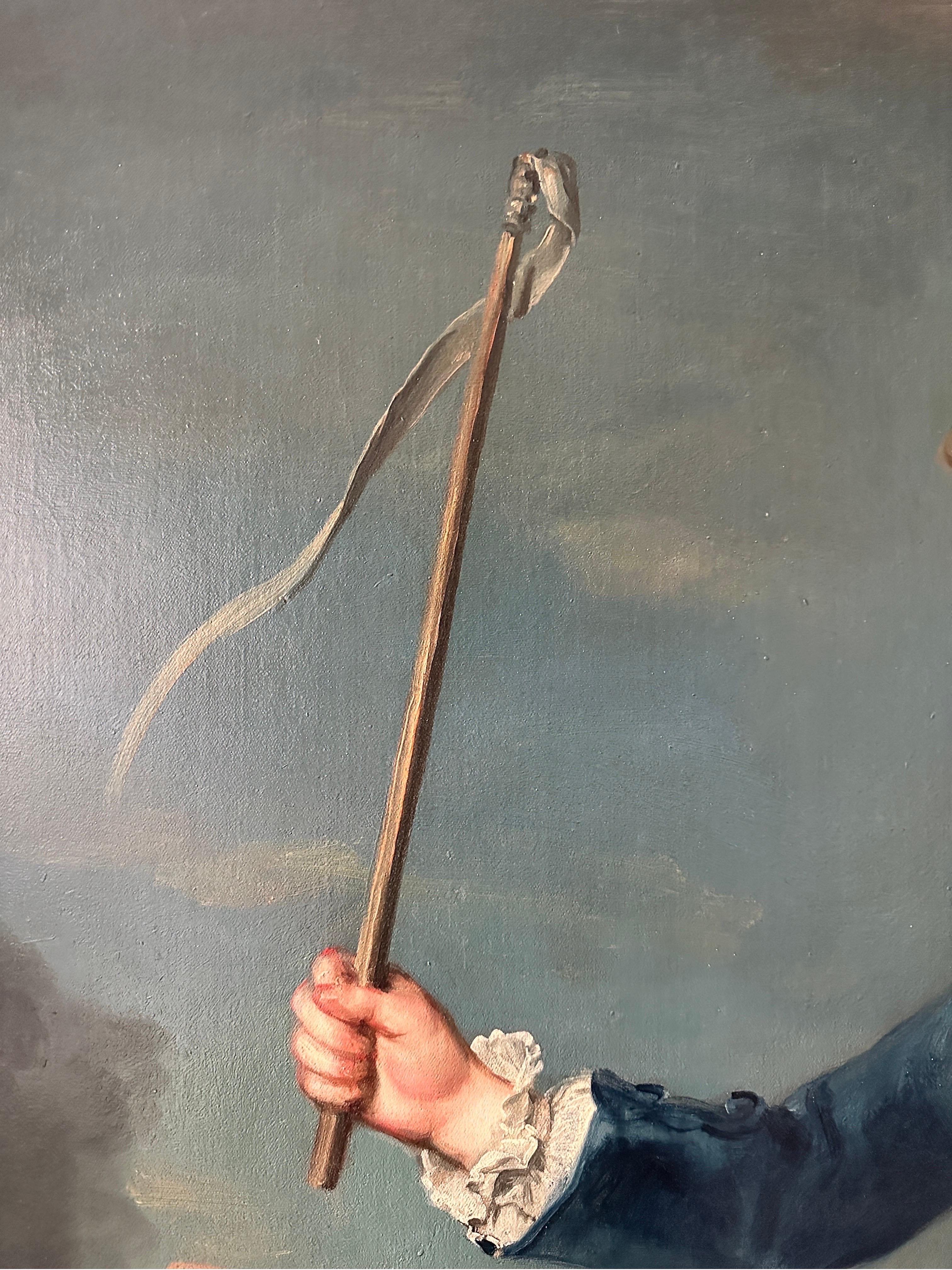 Peinture de portrait d'un garçon au sommet tournant sur une terrasse de jardin du 18e siècle - Noir Figurative Painting par Philippe Mercier