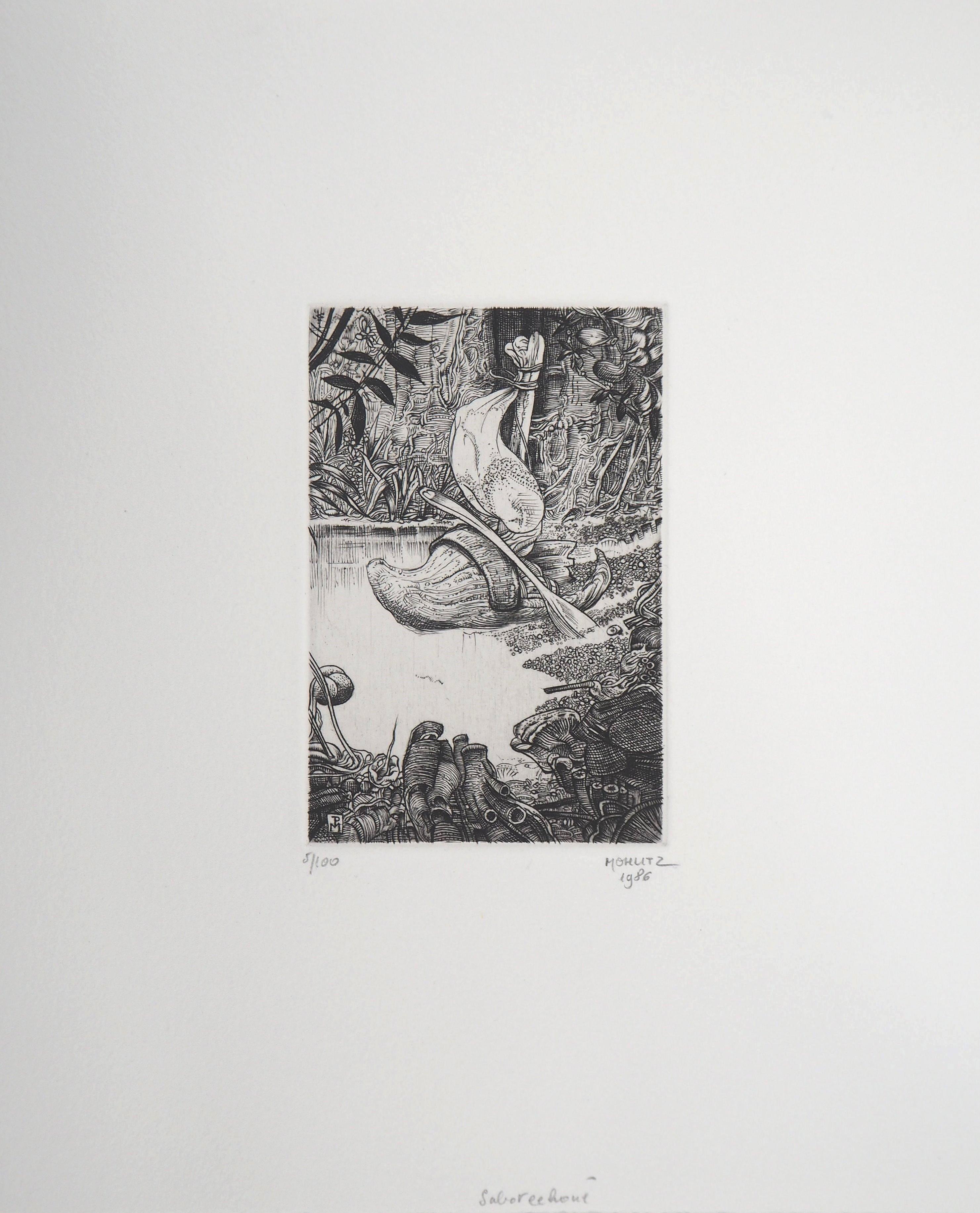 Humedales surrealistas, 1986 - Grabado original firmado a mano - Landscape Print Gris de Philippe Mohlitz