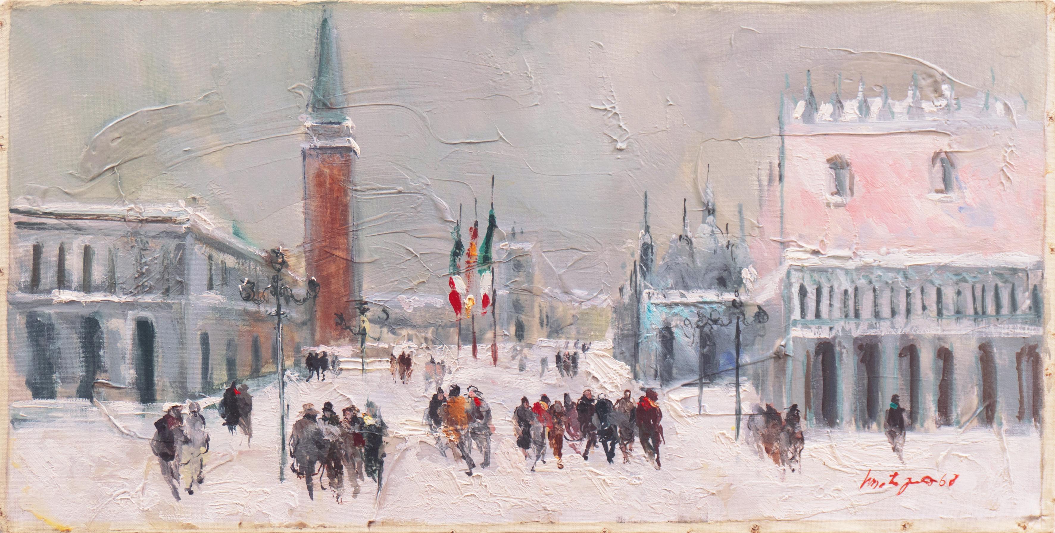 'Evening, Snow on the Piazza San Marco, Venice', Venetian Vedute - Painting by  Philippe Monteagudo 
