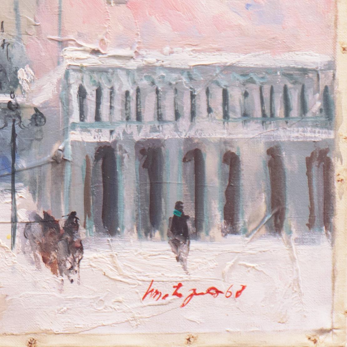 „Evening, Snow on the Piazza San Marco, Venedig“, venezianische Vedute (Grau), Landscape Painting, von  Philippe Monteagudo 